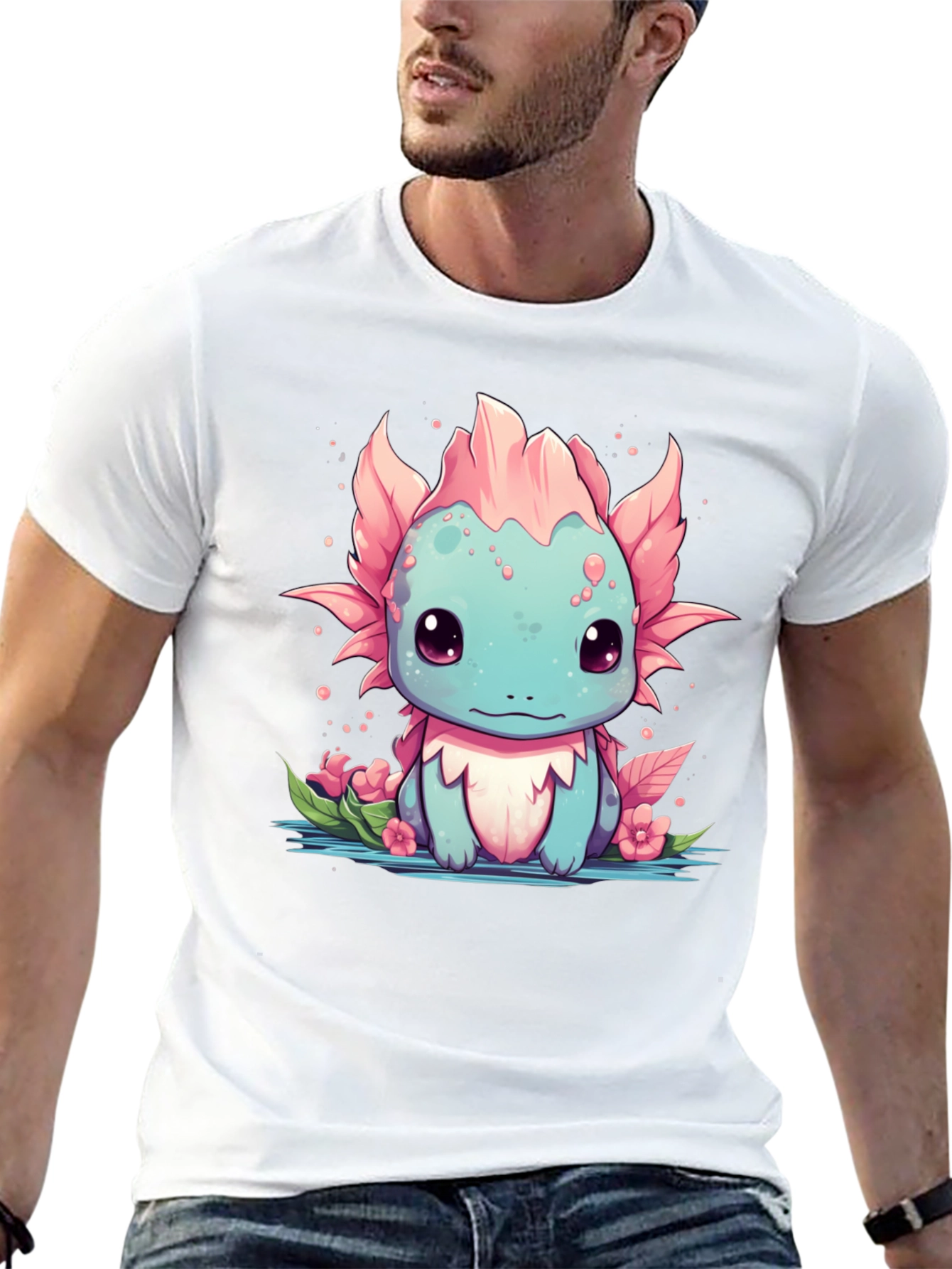 Axolotl Cartoon Graphic T-Shirt - Mens Black Tee