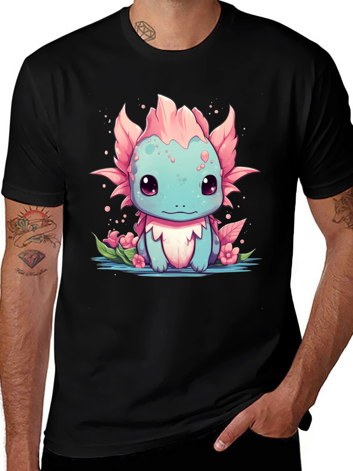 Axolotl Cartoon Graphic T-Shirt - Mens Black Tee