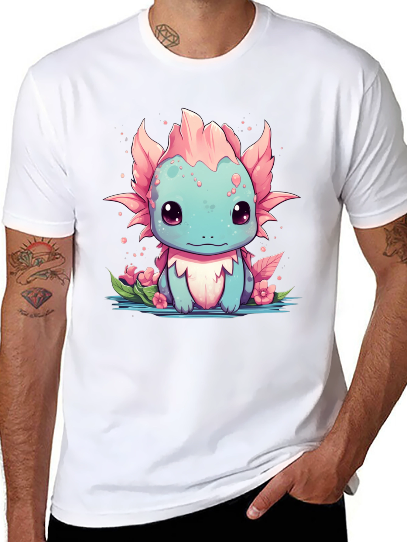 Axolotl Cartoon Graphic T-Shirt - Mens Black Tee