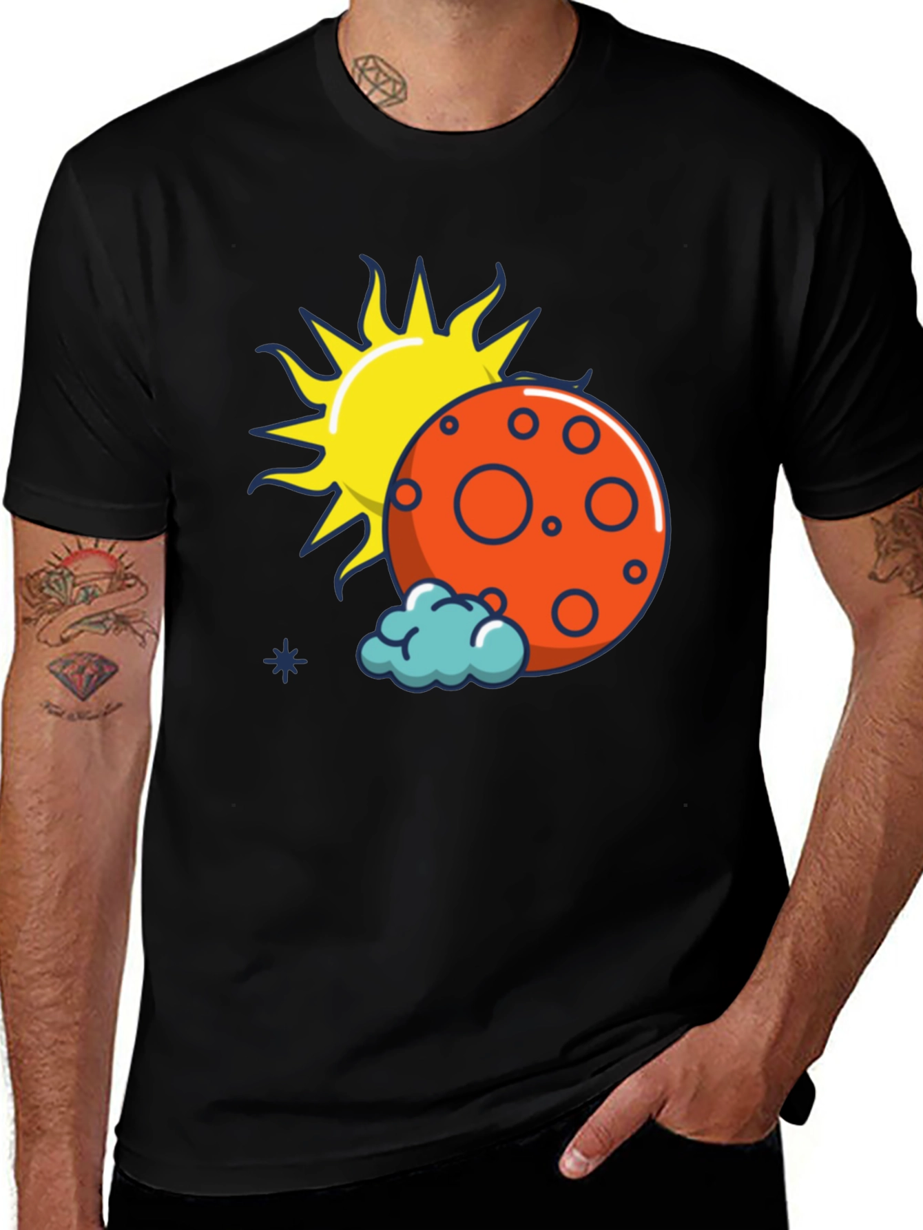 Sun Moon and Cloud Graphic Print Black T-Shirt