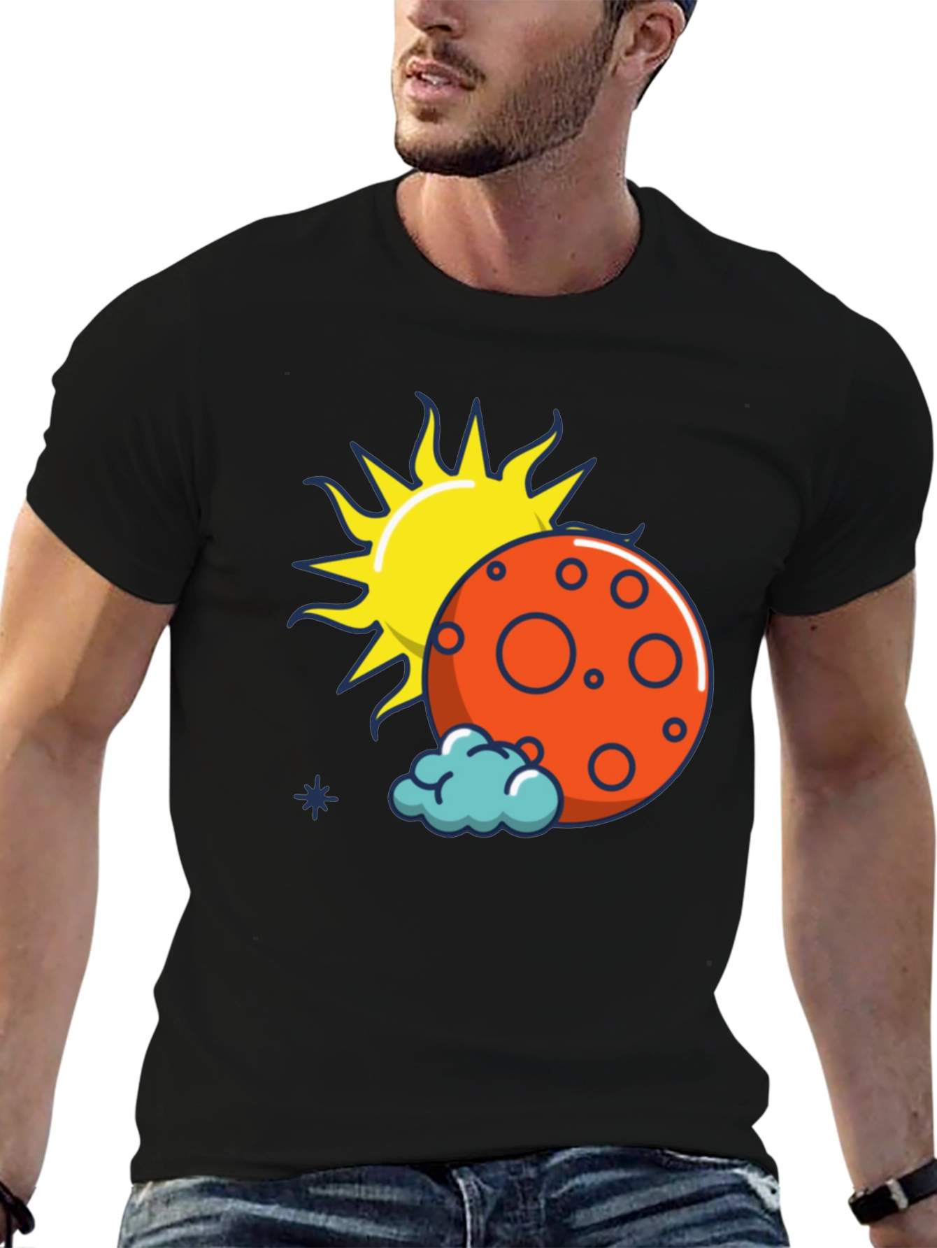 Sun Moon and Cloud Graphic Print Black T-Shirt