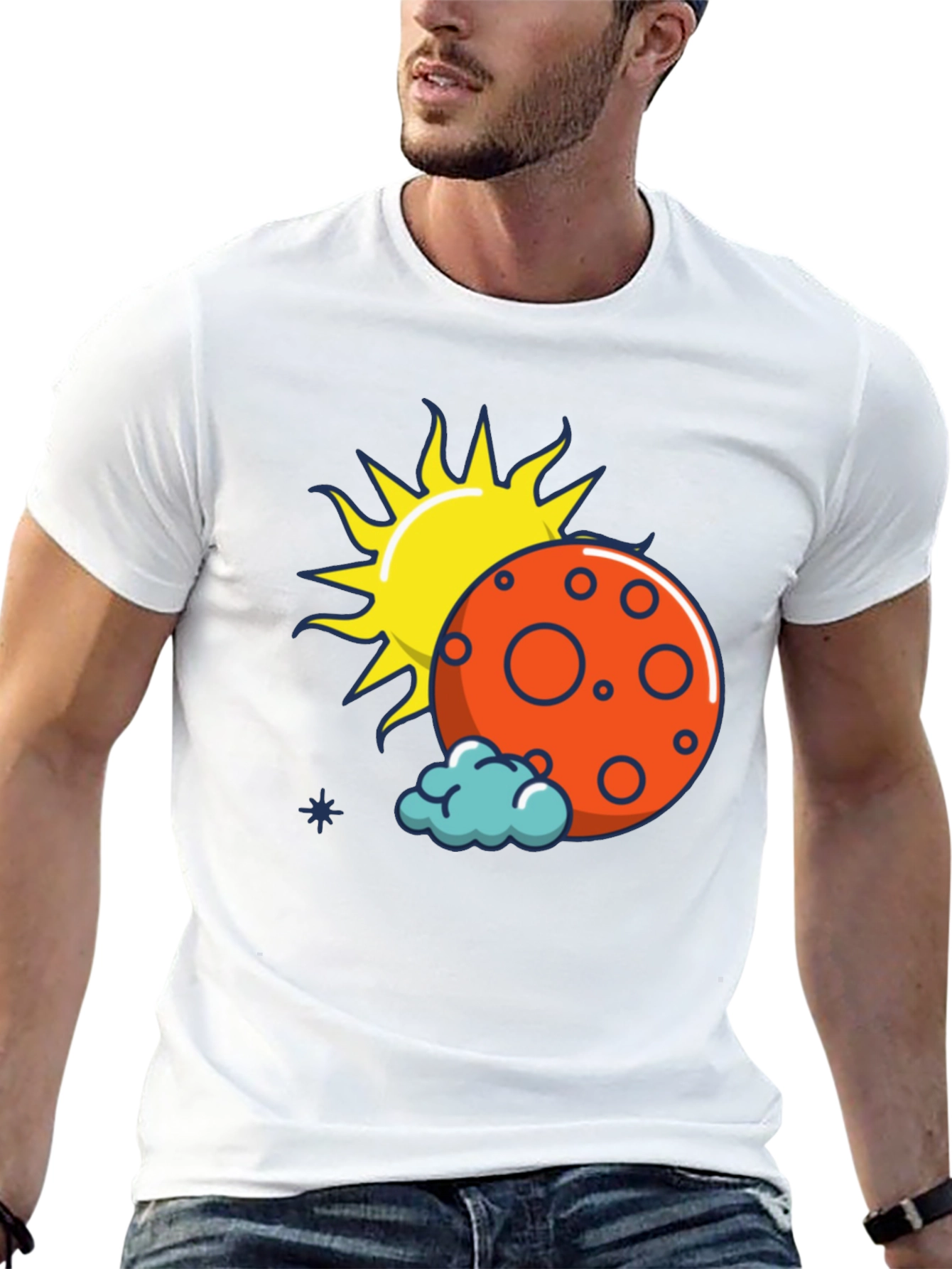 Sun Moon and Cloud Graphic Print Black T-Shirt