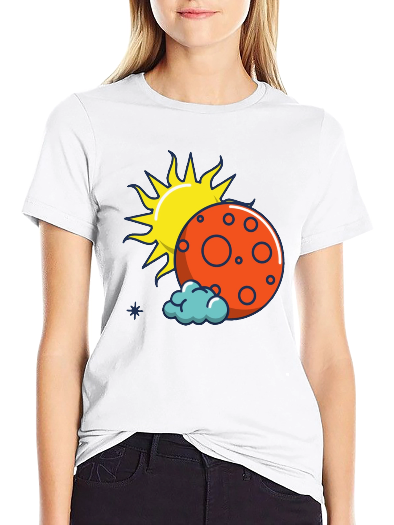 Sun Moon and Cloud Graphic Print Black T-Shirt