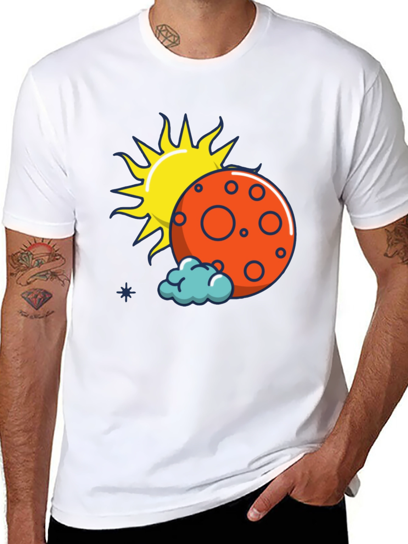 Sun Moon and Cloud Graphic Print Black T-Shirt