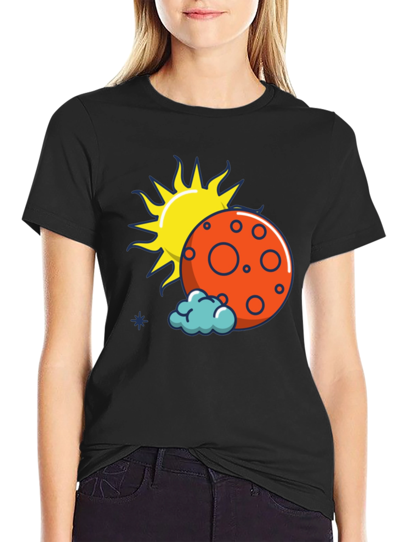 Sun Moon and Cloud Graphic Print Black T-Shirt