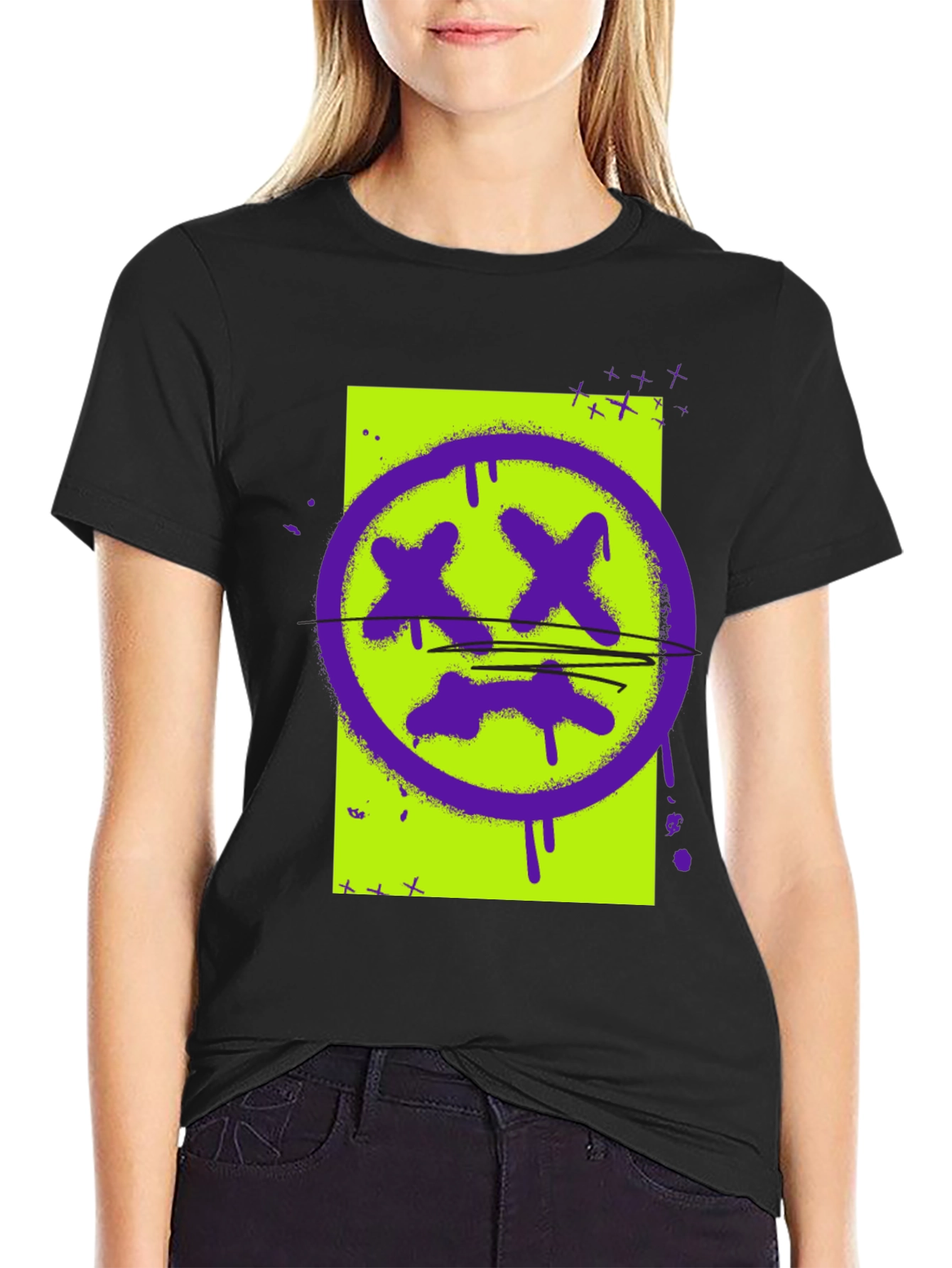 Graphic Print Tee - Grunge Smiley Face T-Shirt