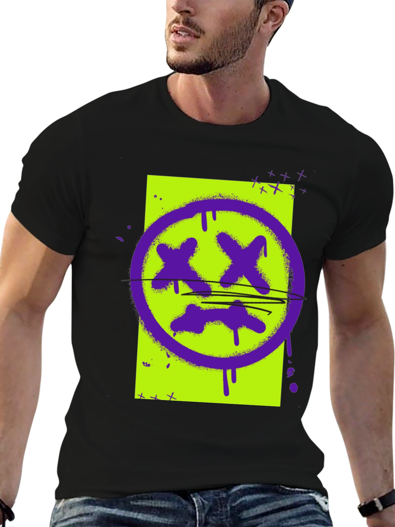 Graphic Print Tee - Grunge Smiley Face T-Shirt