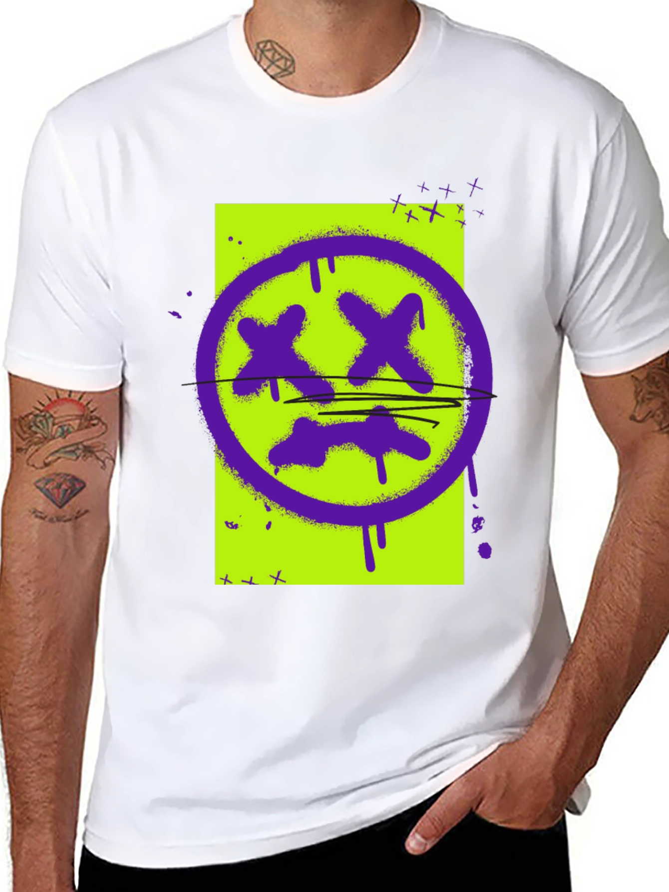 Graphic Print Tee - Grunge Smiley Face T-Shirt
