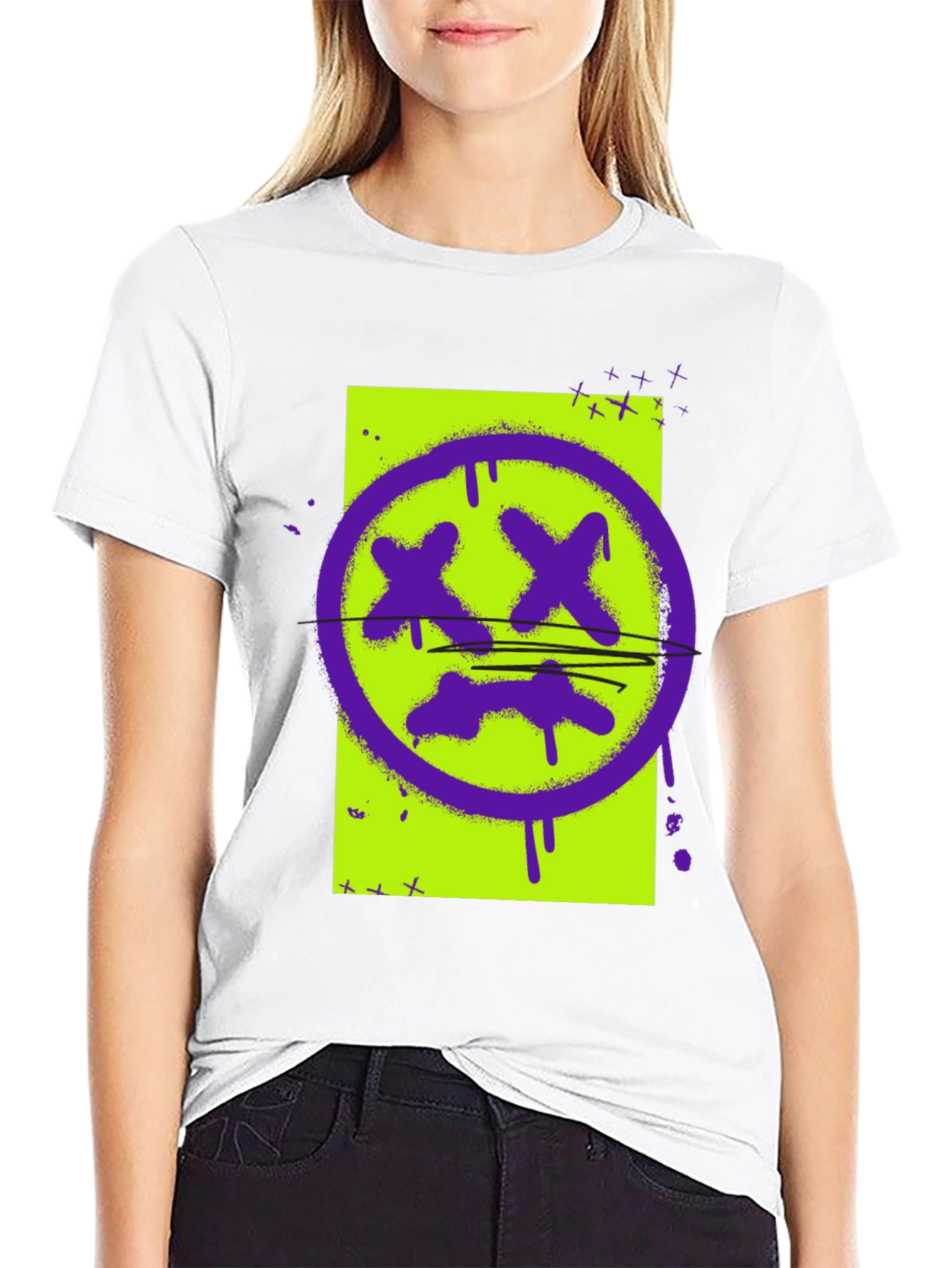 Graphic Print Tee - Grunge Smiley Face T-Shirt