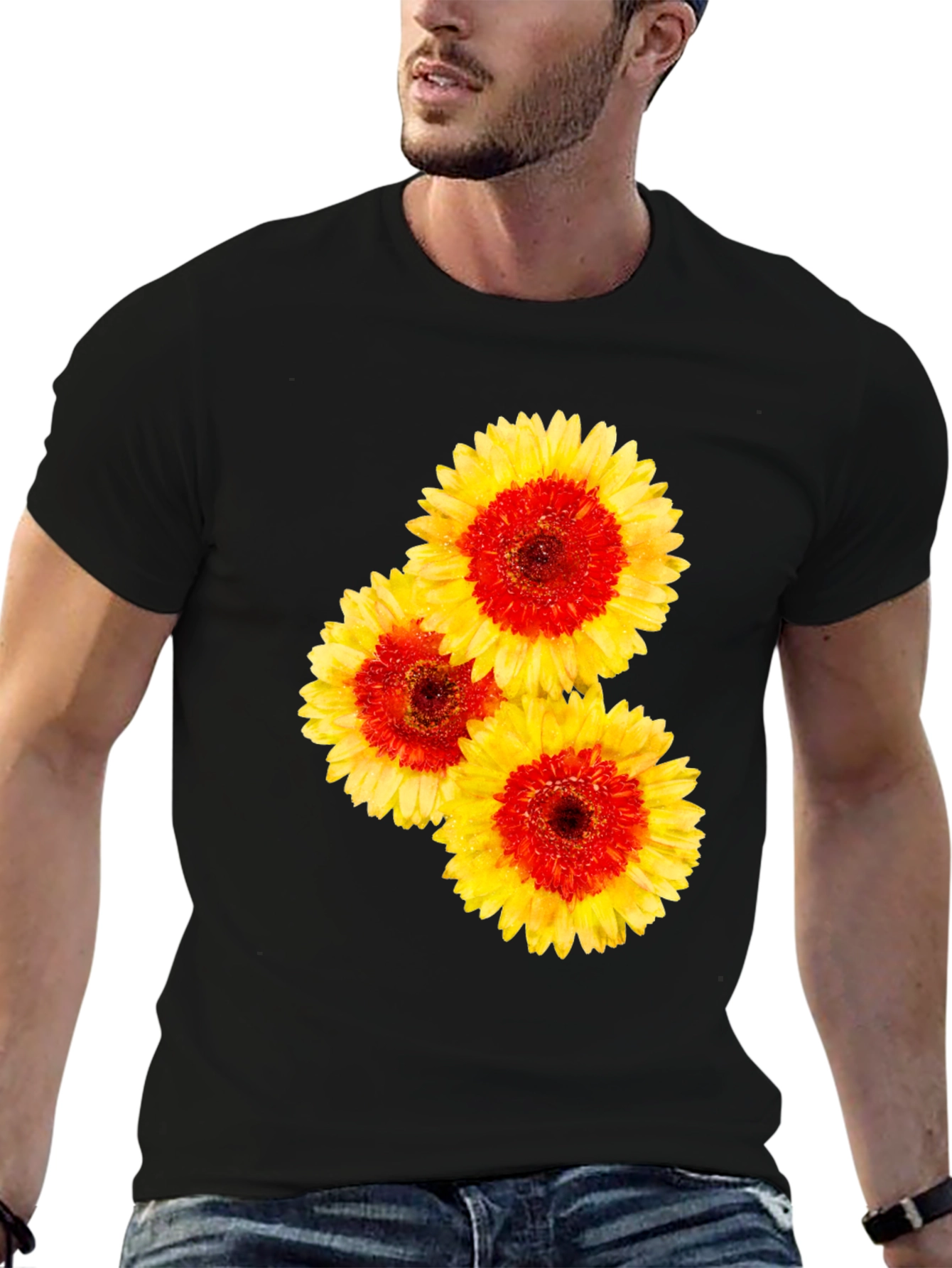 Floral Graphic Tee - Black Cotton T-Shirt