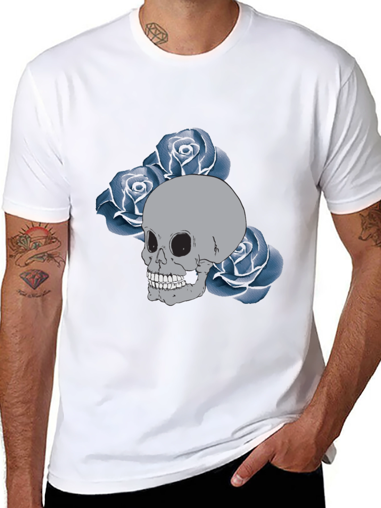Skull & Roses Graphic Tee - Black Cotton Casual