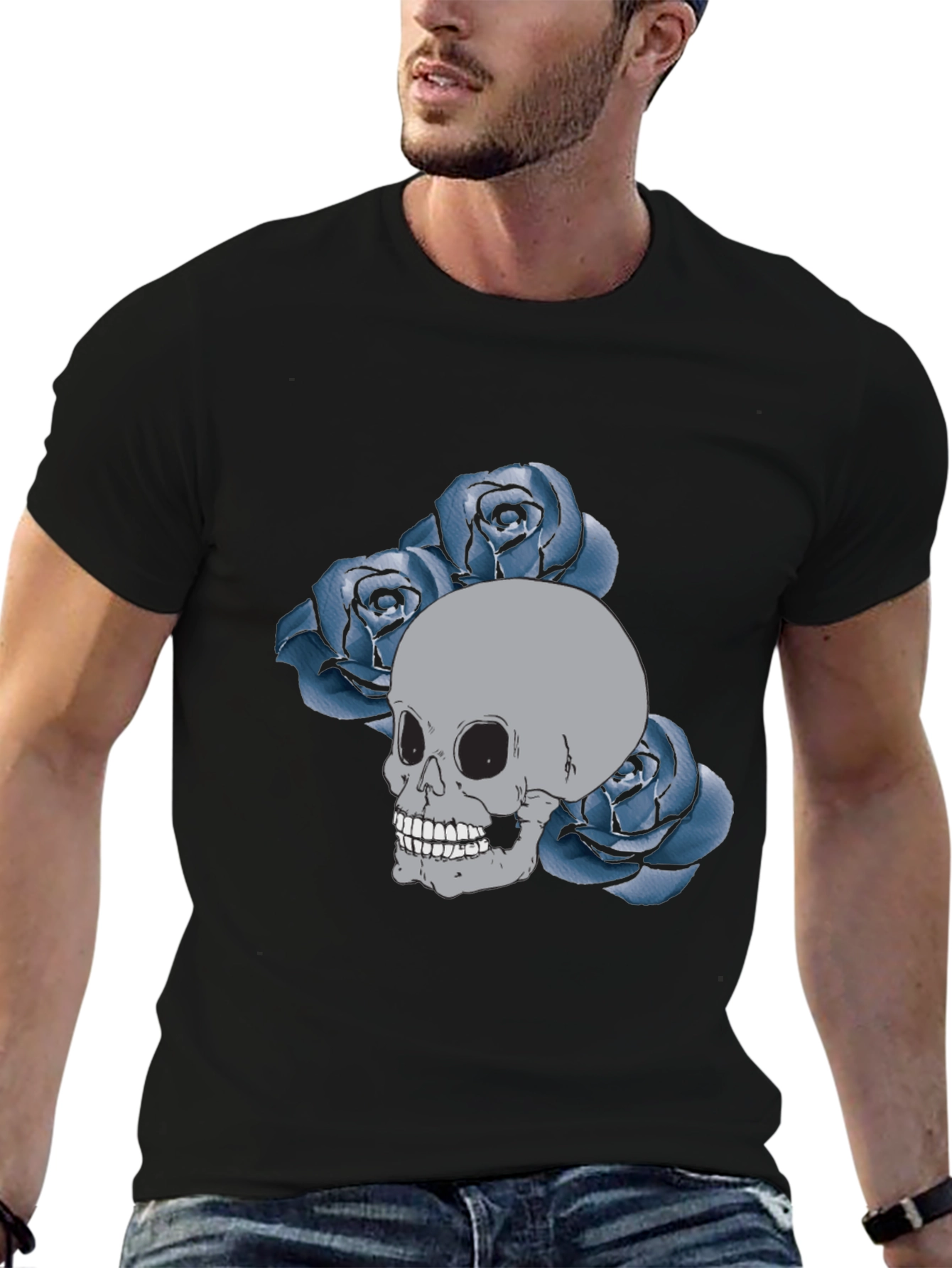 Skull & Roses Graphic Tee - Black Cotton Casual