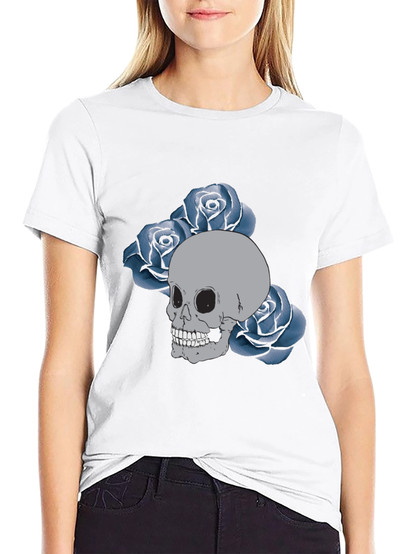 Skull & Roses Graphic Tee - Black Cotton Casual