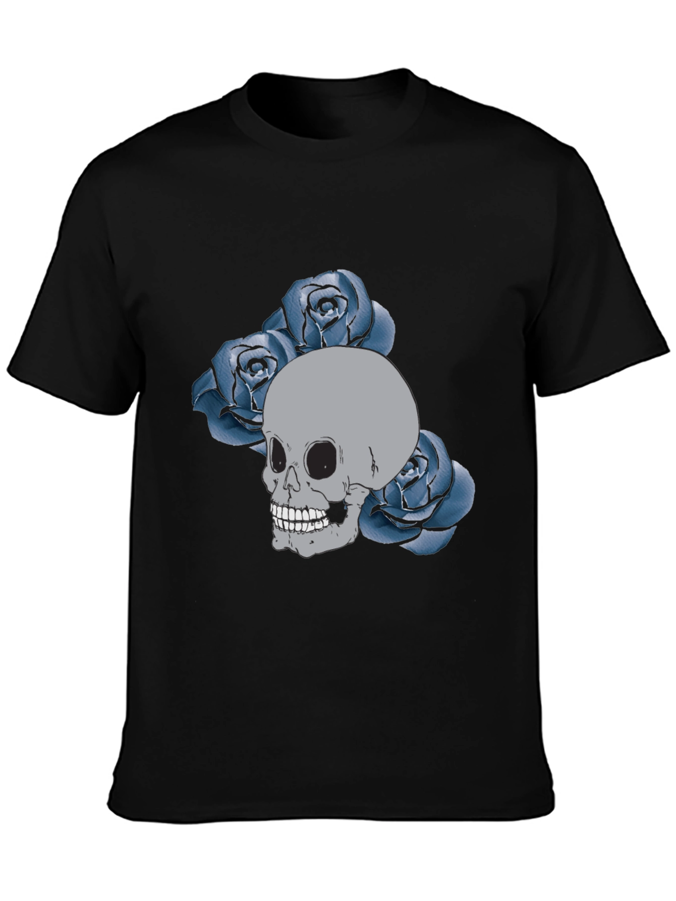 Skull & Roses Graphic Tee - Black Cotton Casual