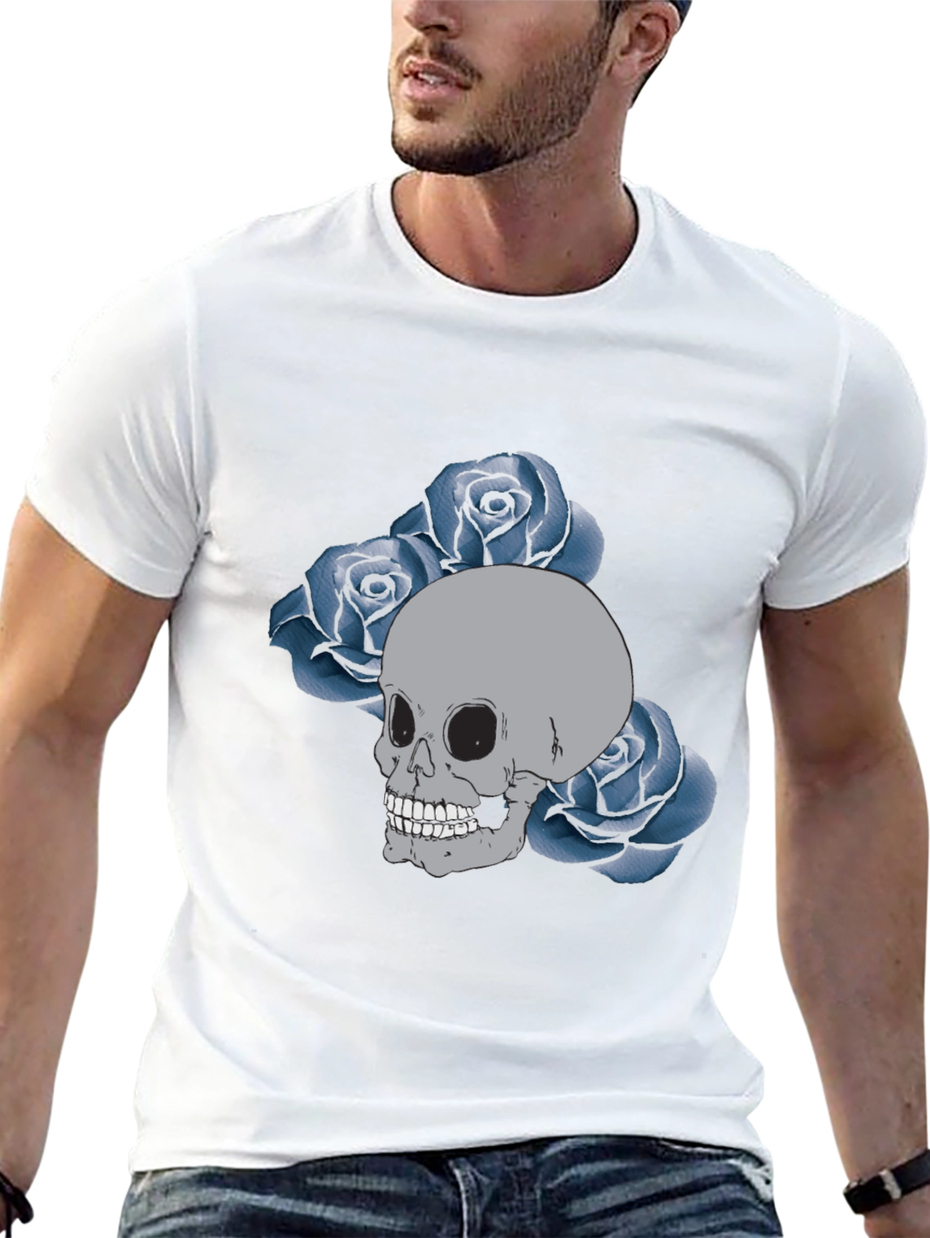 Skull & Roses Graphic Tee - Black Cotton Casual