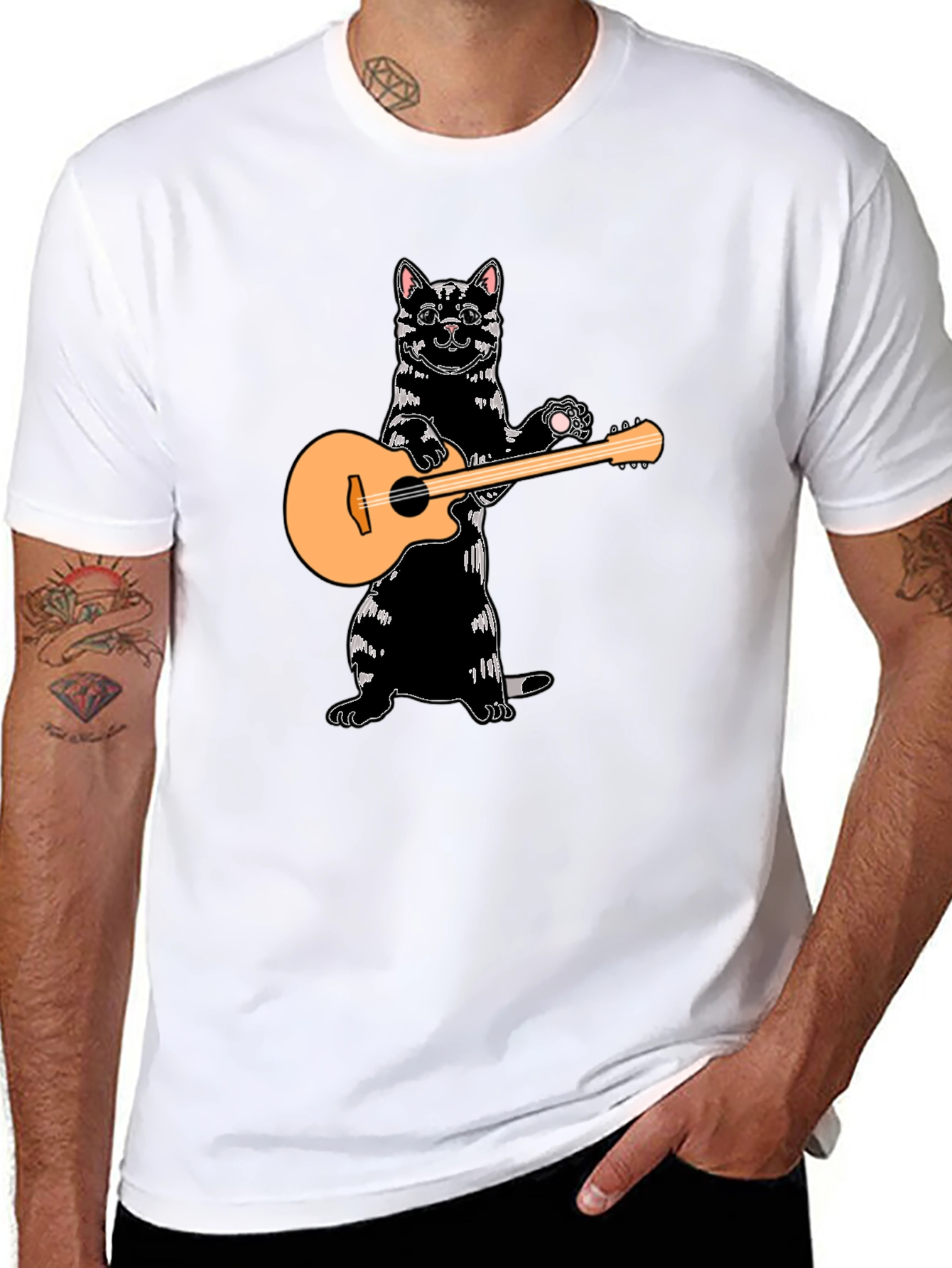 Cat Playing Guitar Black T-Shirt