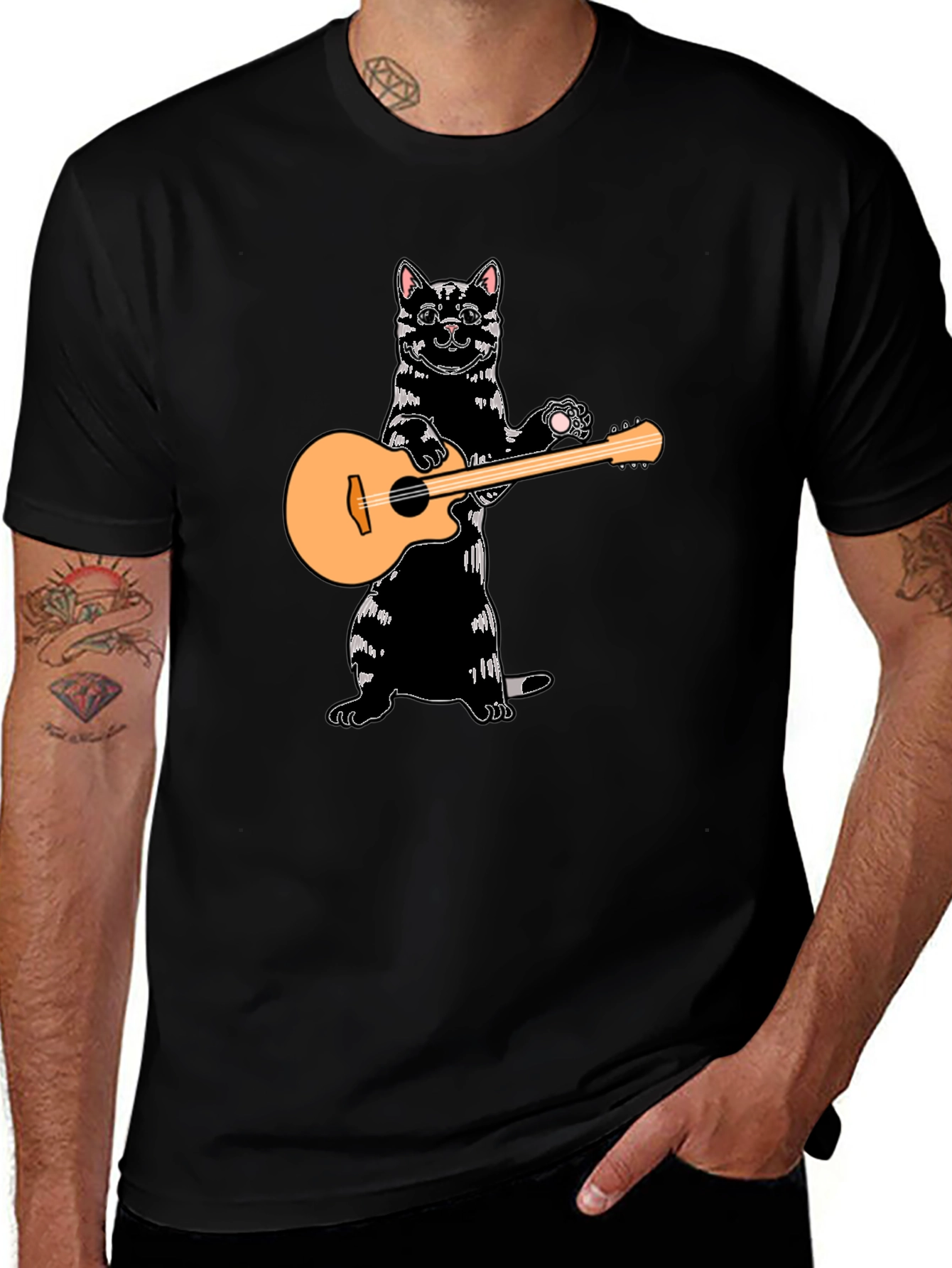 Cat Playing Guitar Black T-Shirt