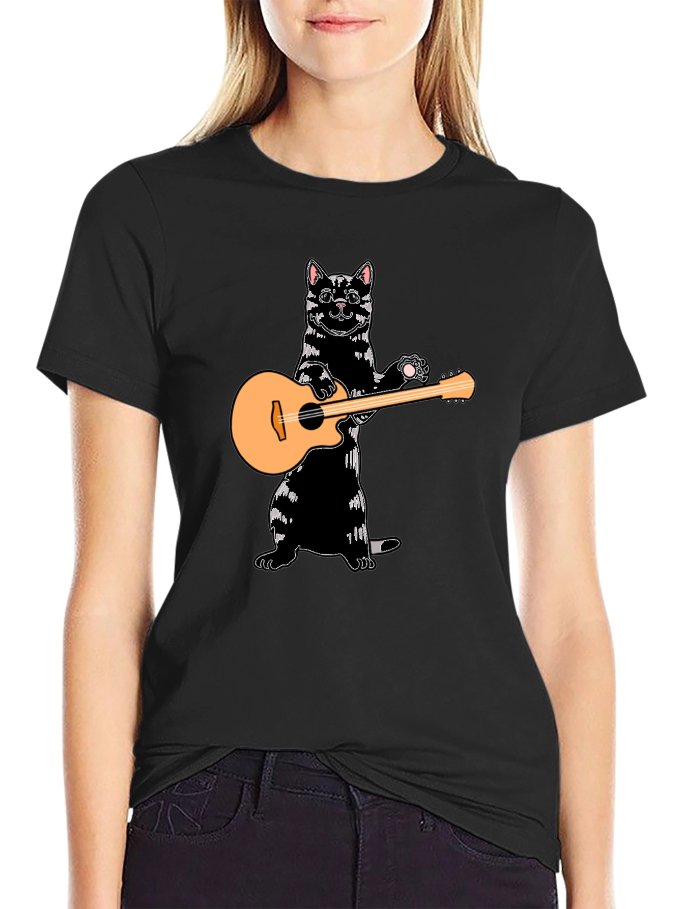 Cat Playing Guitar Black T-Shirt