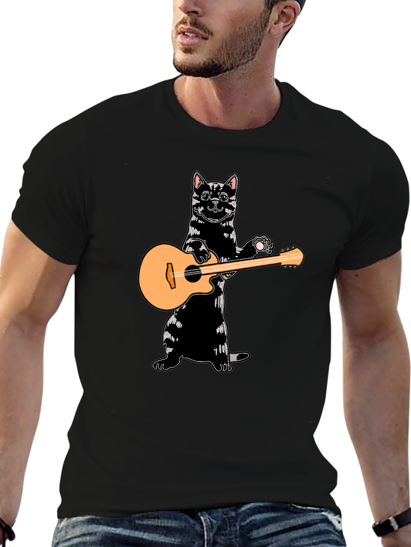 Cat Playing Guitar Black T-Shirt
