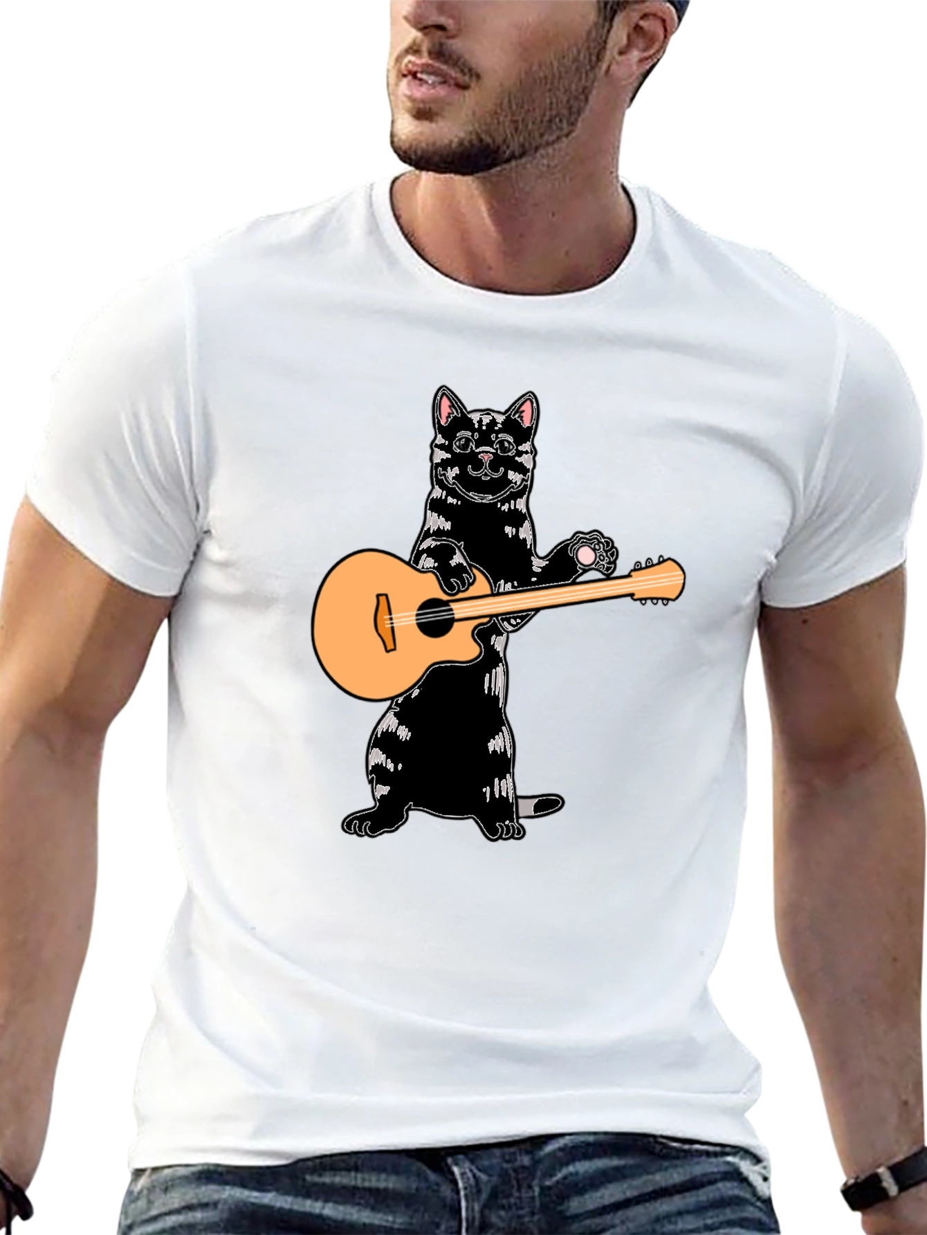 Cat Playing Guitar Black T-Shirt