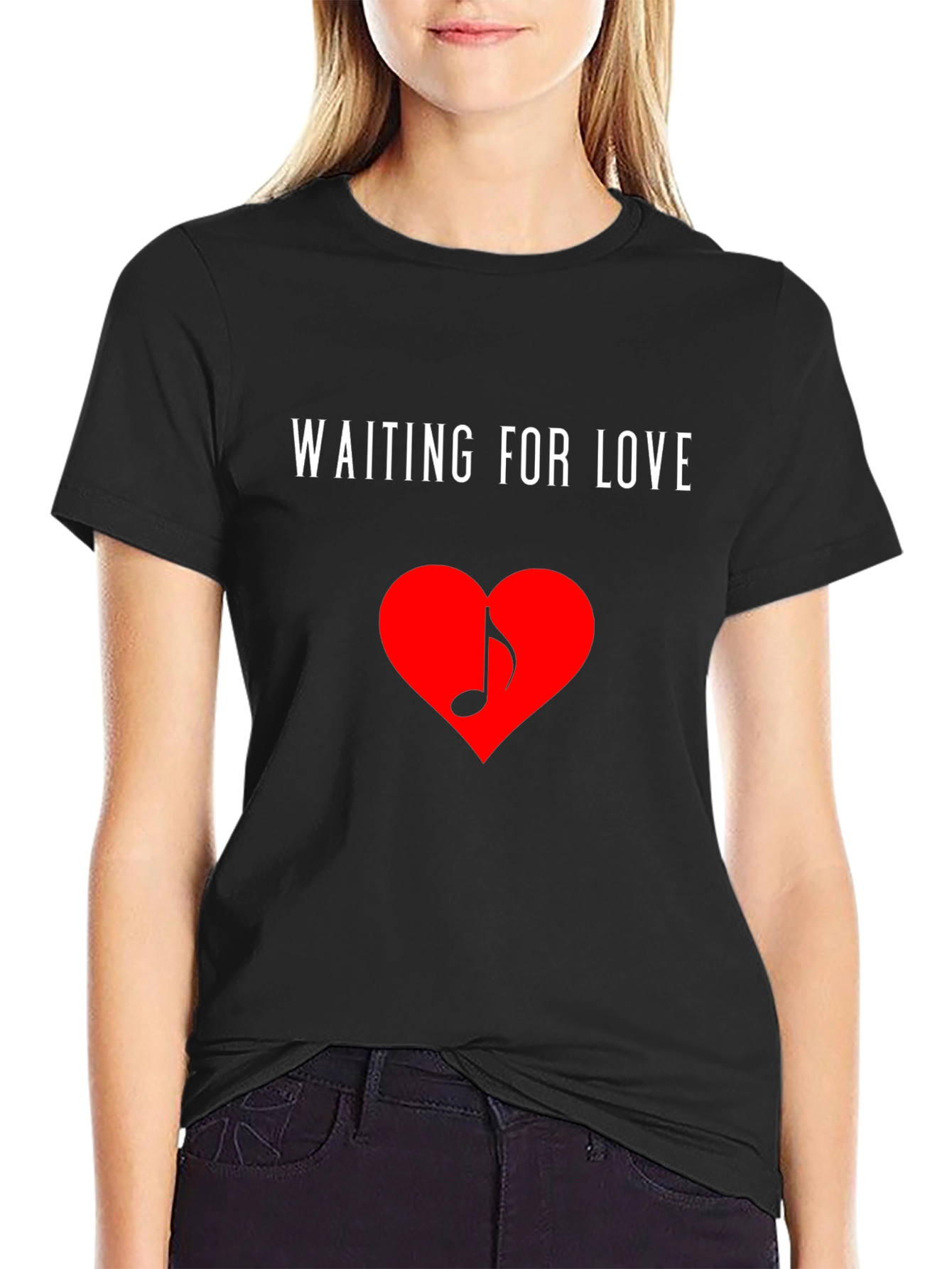 Waiting for Love Heart Music Note Black T-Shirt