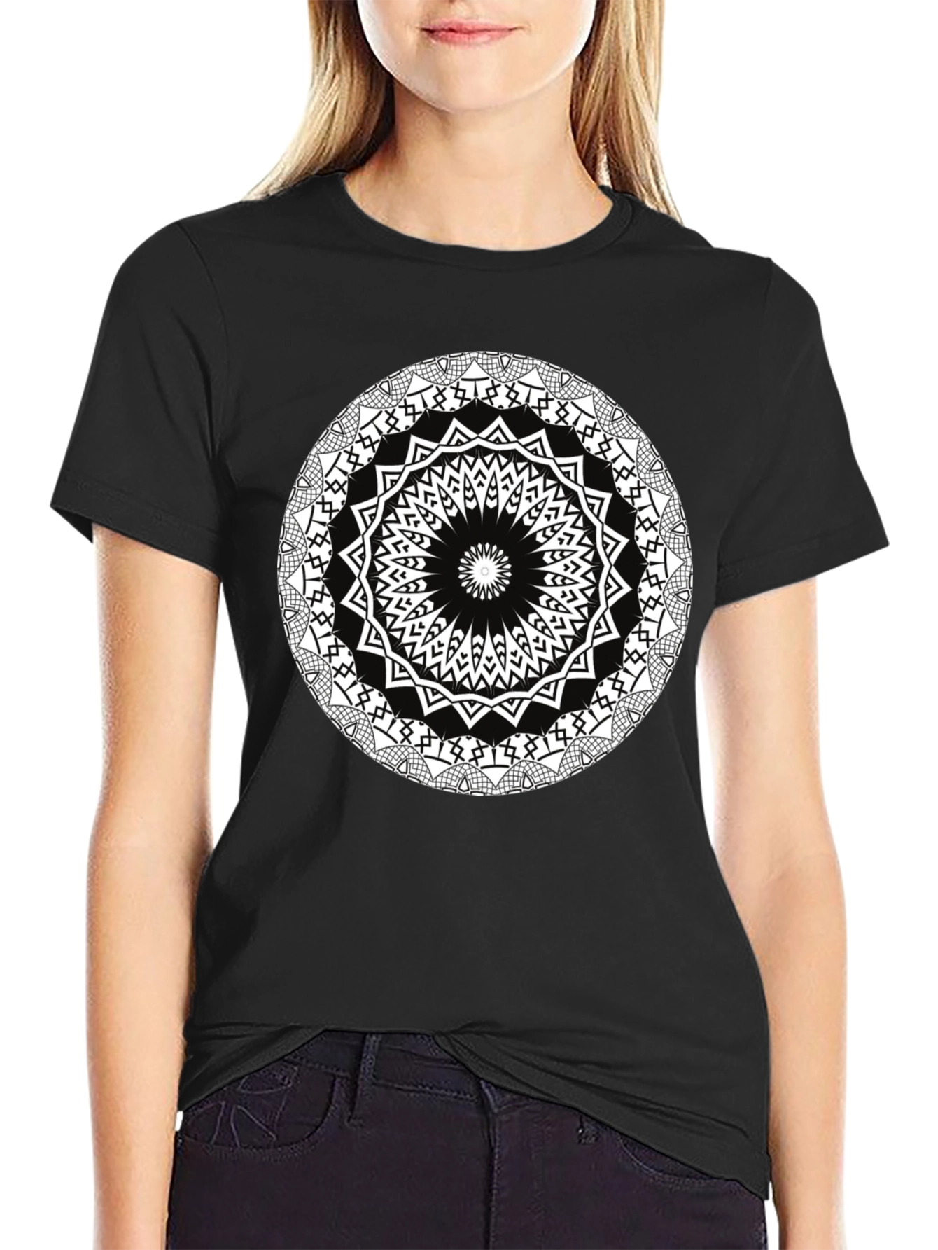 Geometric Mandala Print Black T-Shirt