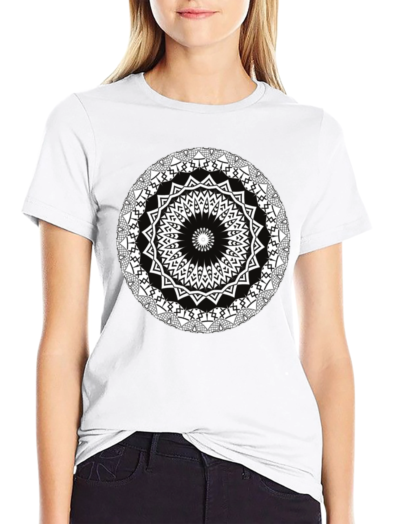 Geometric Mandala Print Black T-Shirt
