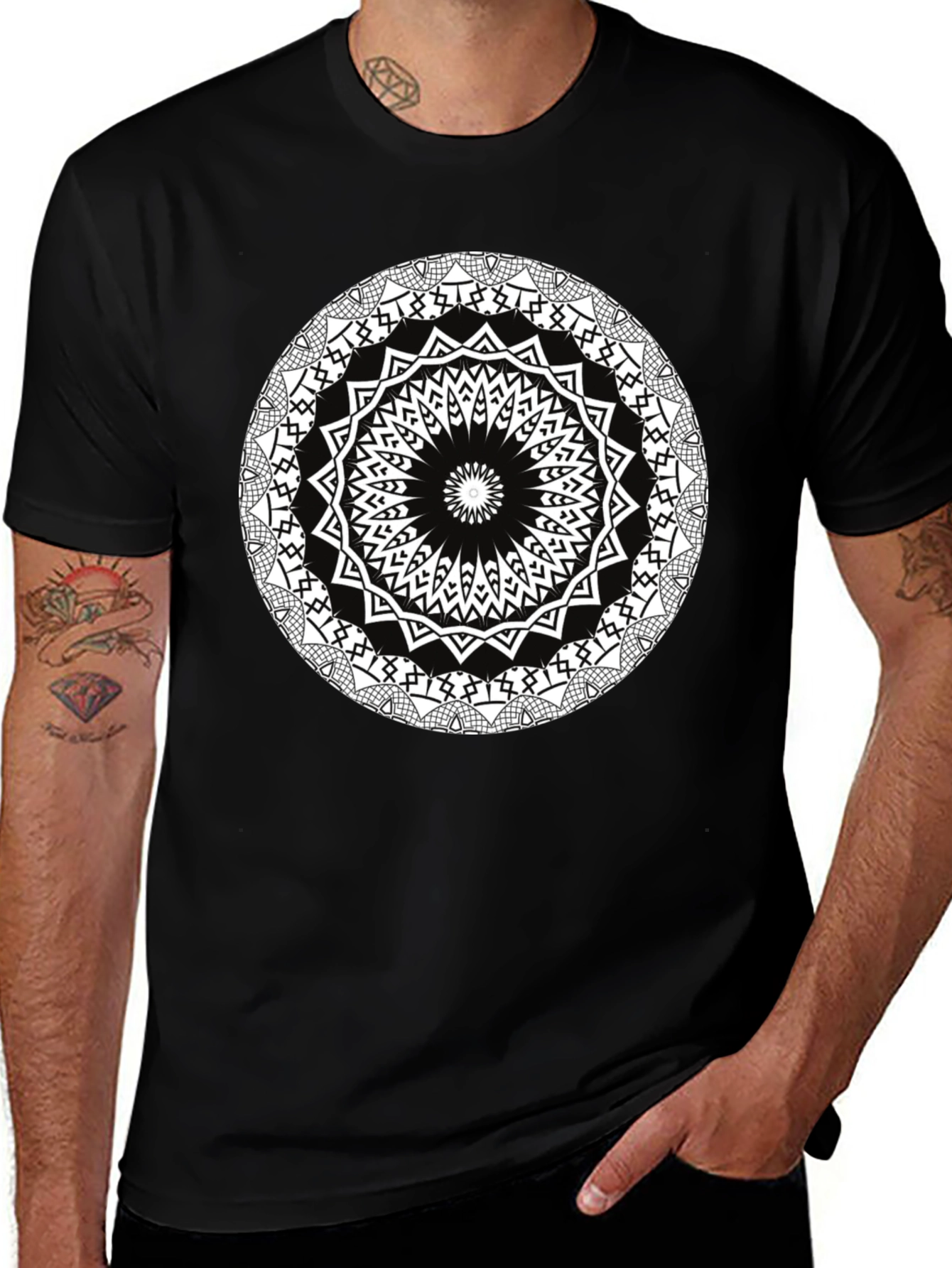 Geometric Mandala Print Black T-Shirt