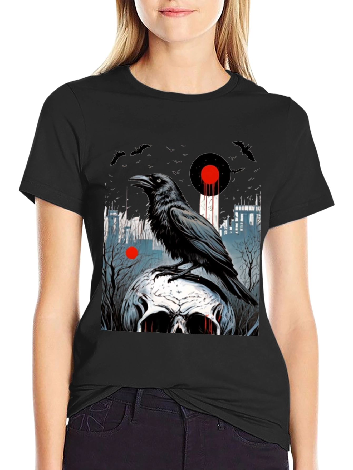 Raven Skull Graphic Tee - Dark Gothic Style