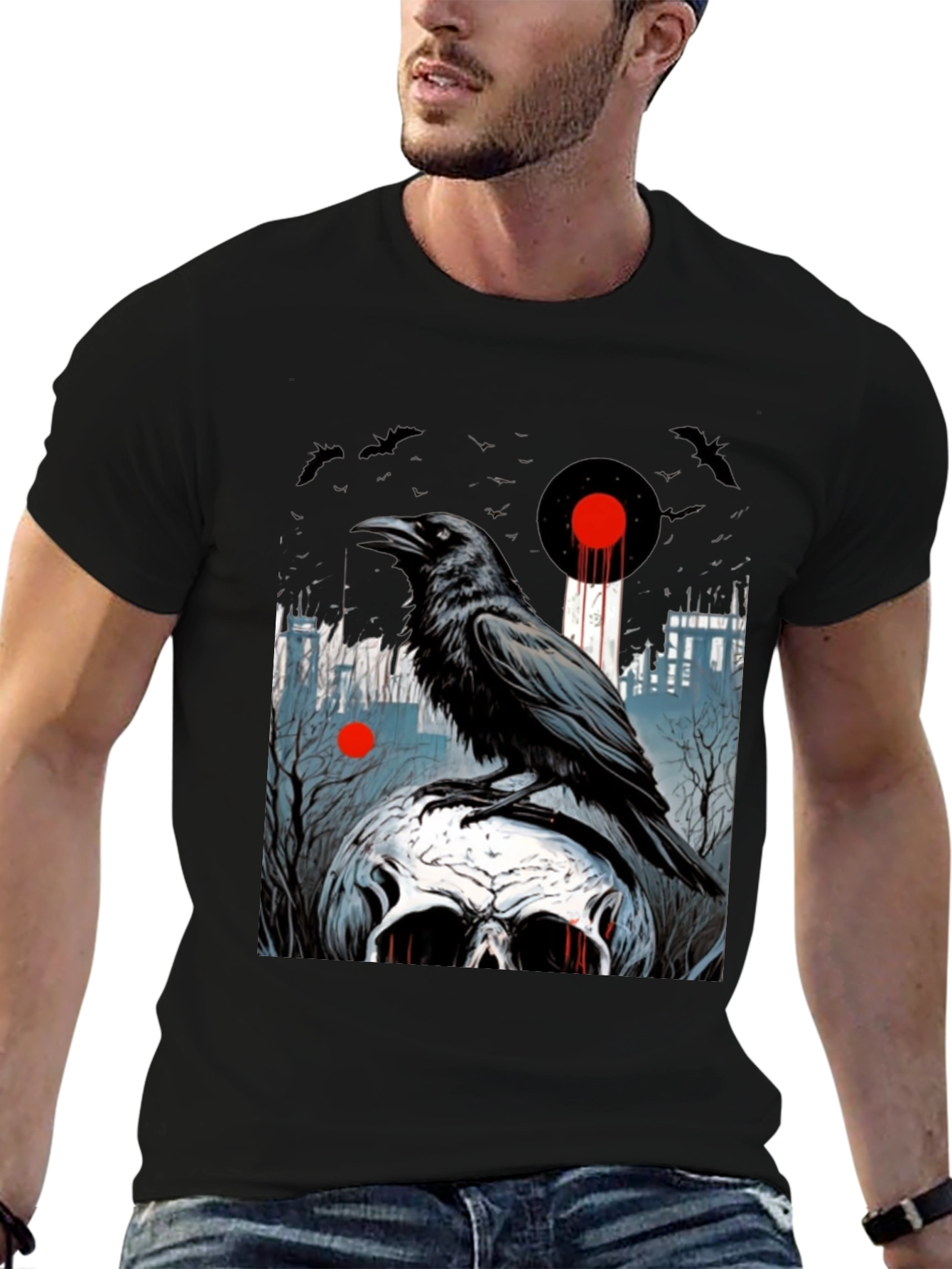 Raven Skull Graphic Tee - Dark Gothic Style