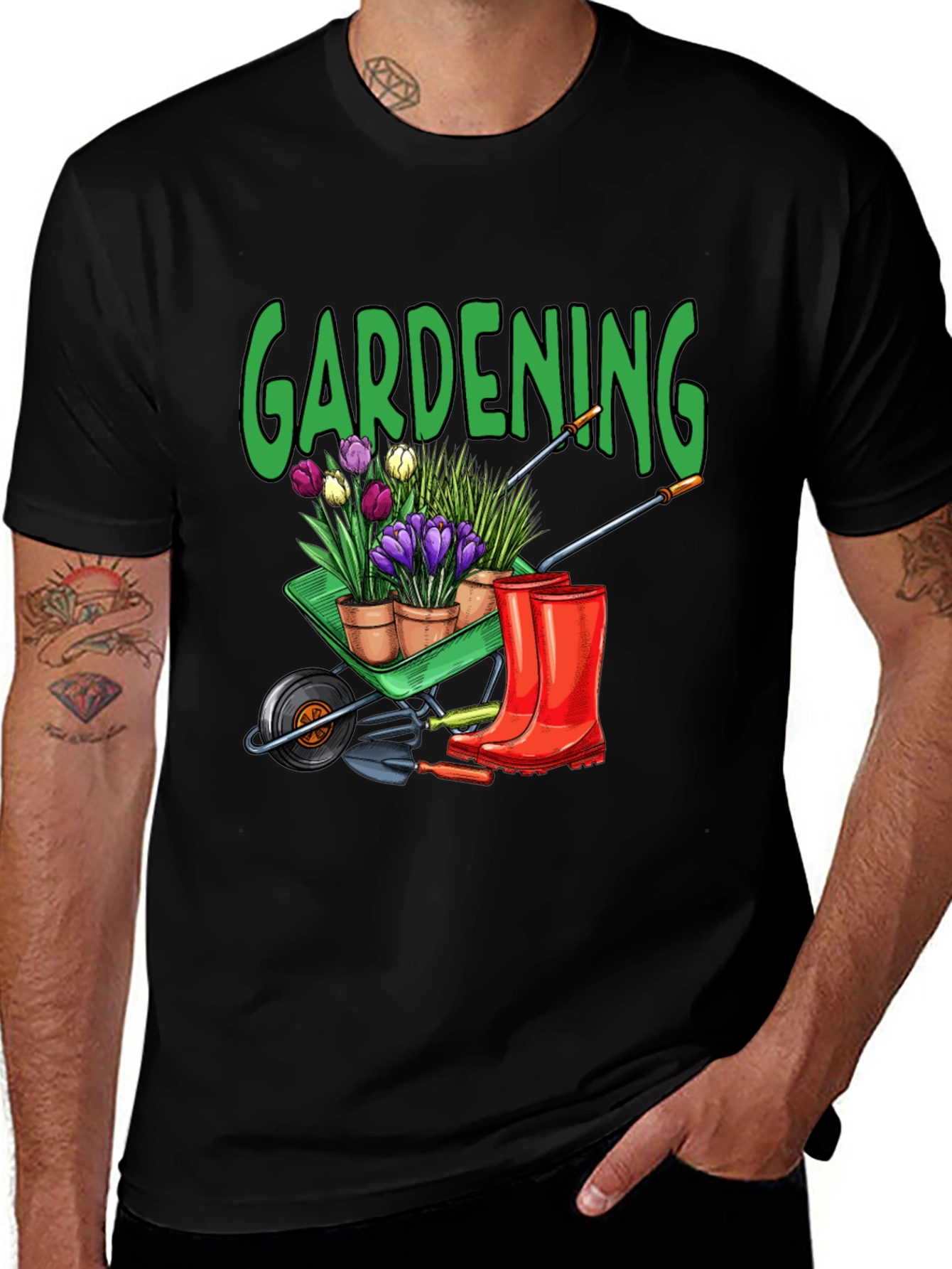 Gardening T-Shirt - Wheelbarrow Plants & Boots Design