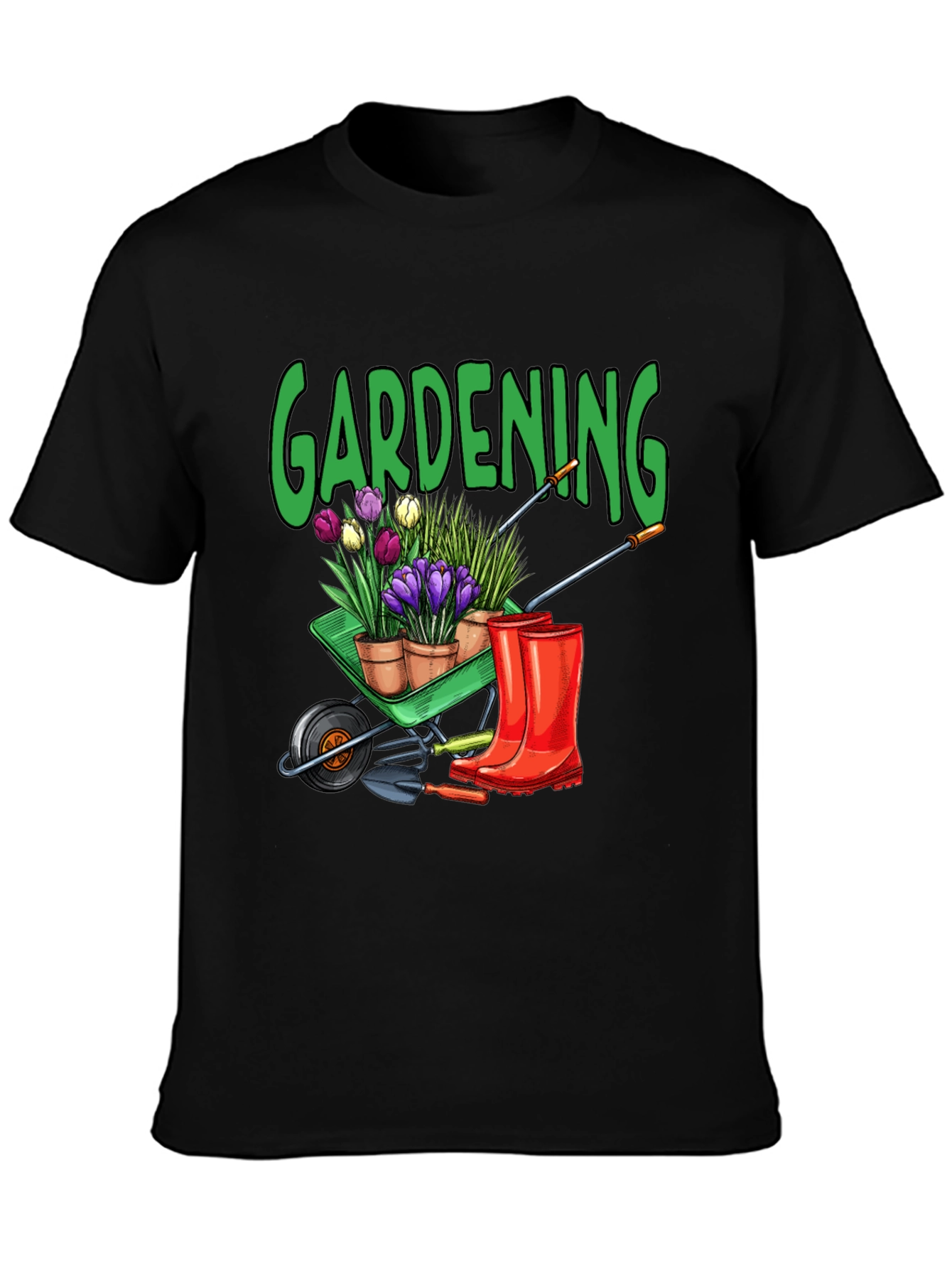 Gardening T-Shirt - Wheelbarrow Plants & Boots Design