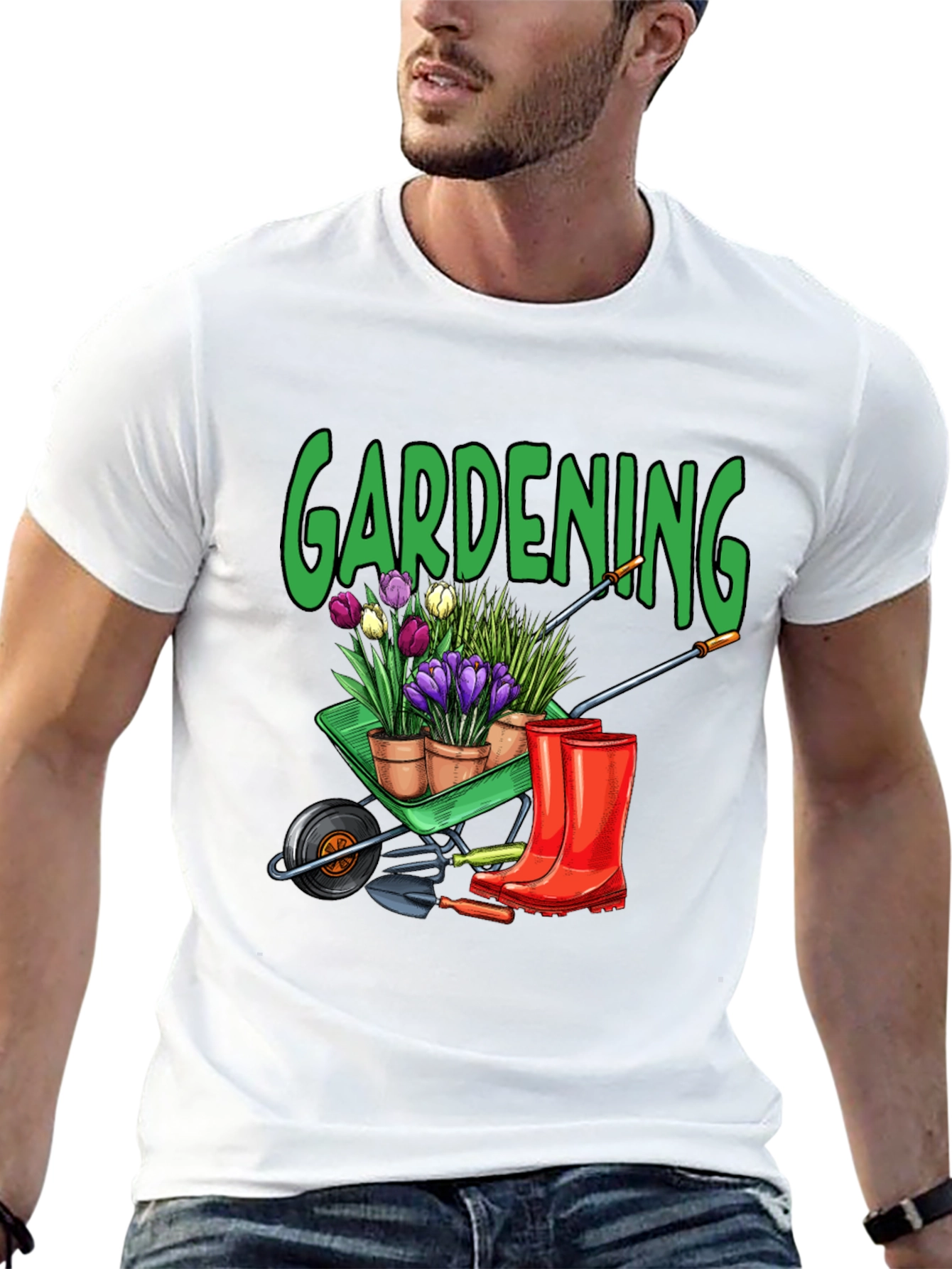 Gardening T-Shirt - Wheelbarrow Plants & Boots Design