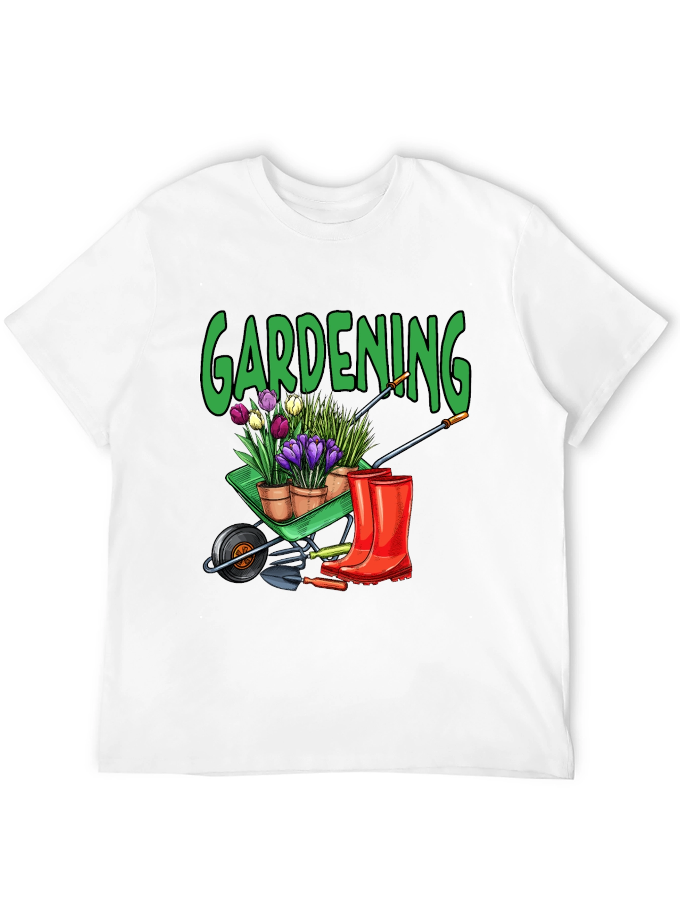 Gardening T-Shirt - Wheelbarrow Plants & Boots Design