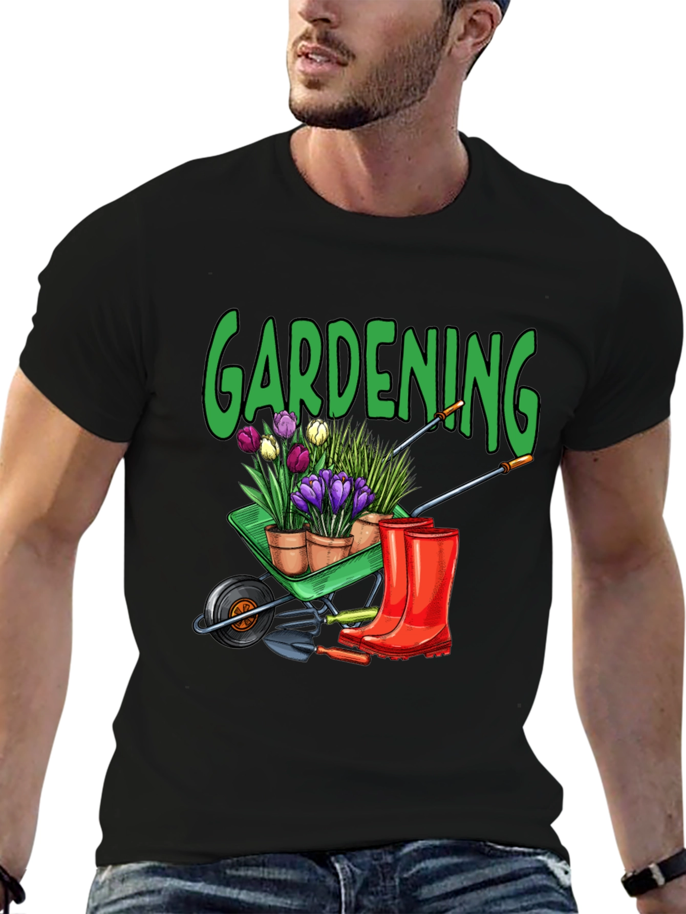 Gardening T-Shirt - Wheelbarrow Plants & Boots Design