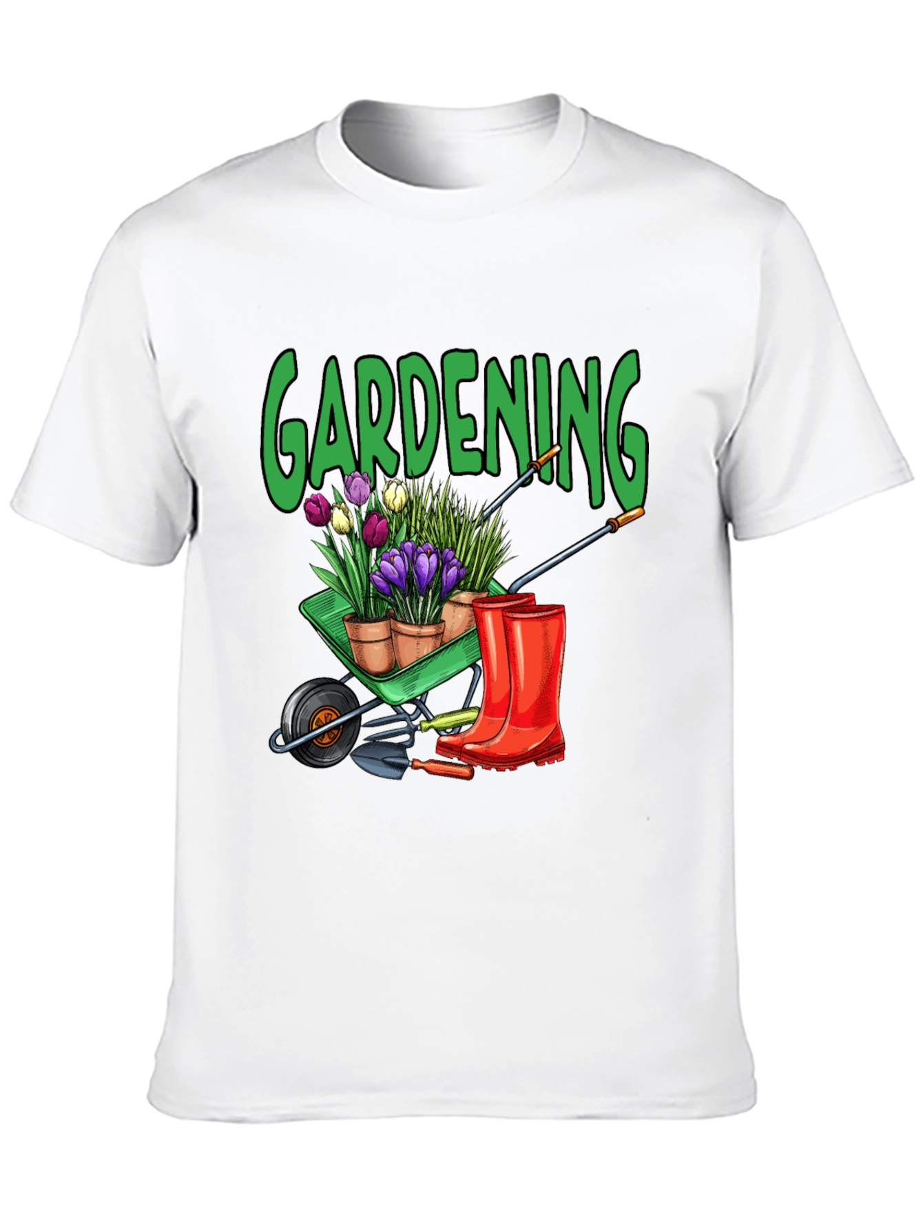 Gardening T-Shirt - Wheelbarrow Plants & Boots Design
