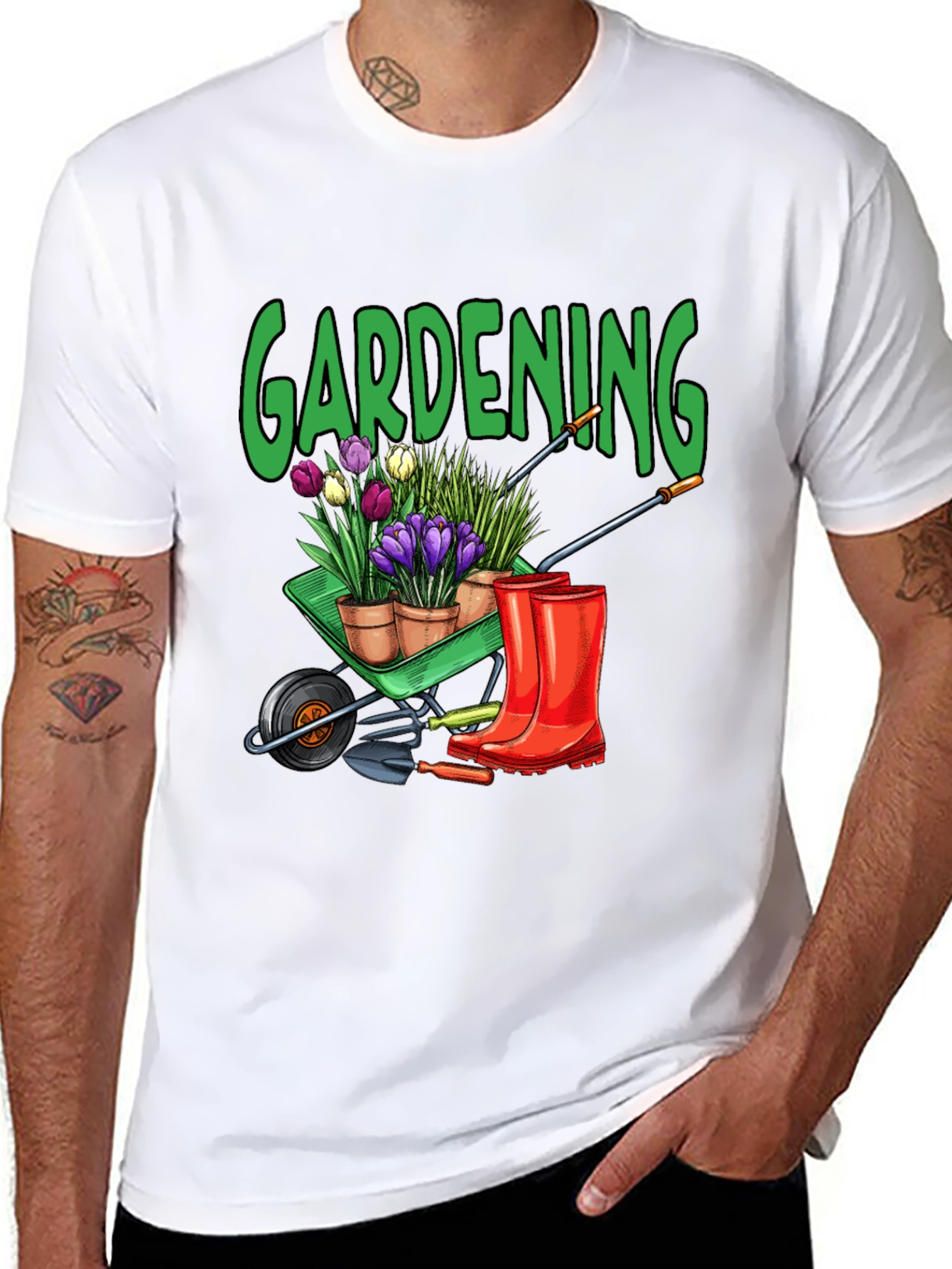 Gardening T-Shirt - Wheelbarrow Plants & Boots Design