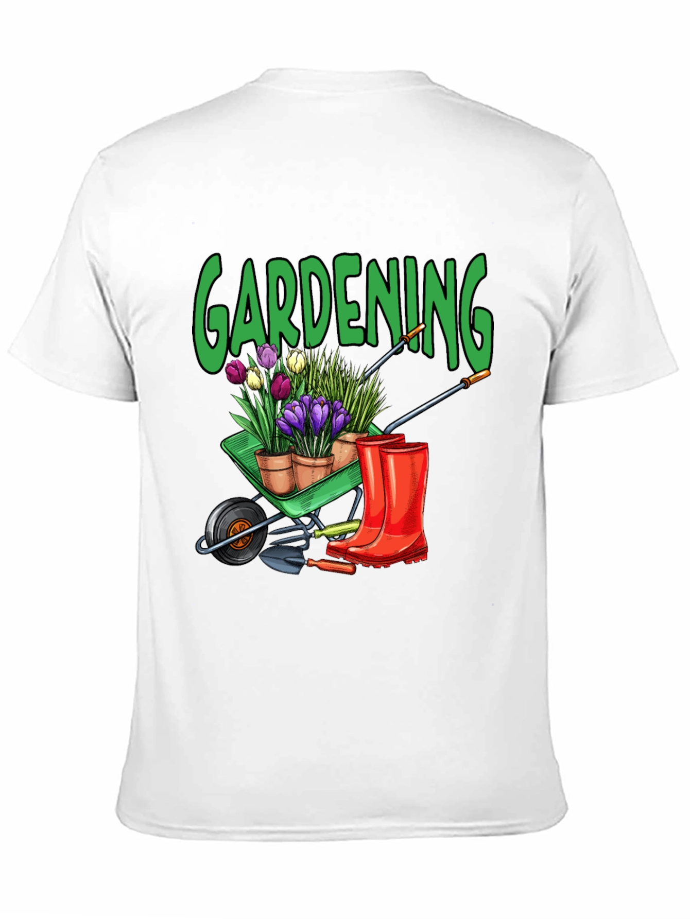 Gardening T-Shirt - Wheelbarrow Plants & Boots Design