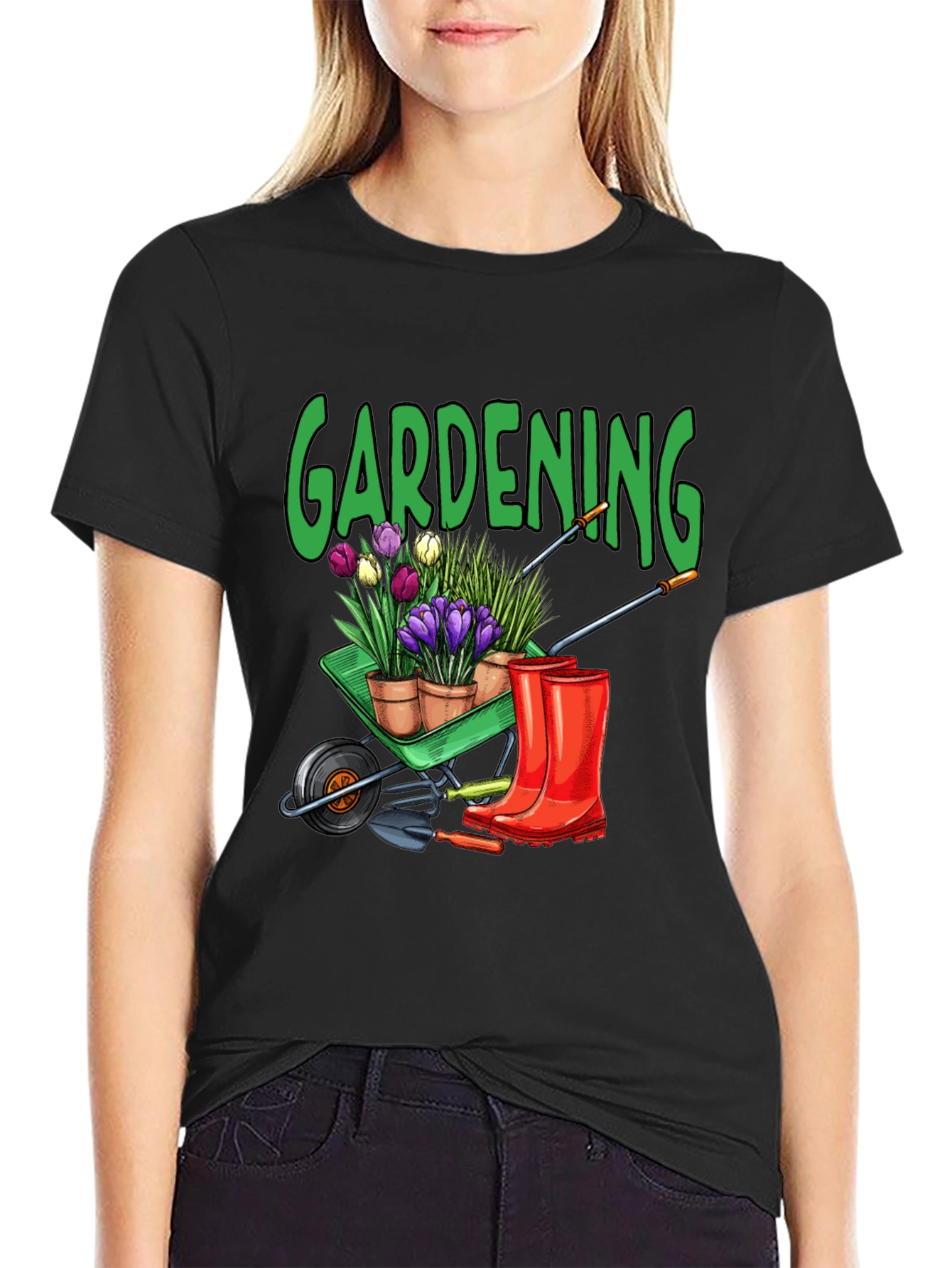 Gardening T-Shirt - Wheelbarrow Plants & Boots Design