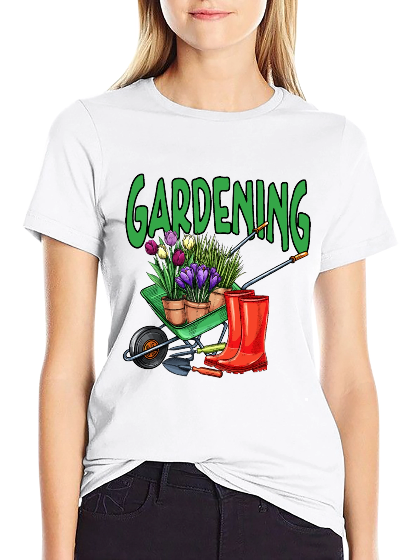 Gardening T-Shirt - Wheelbarrow Plants & Boots Design