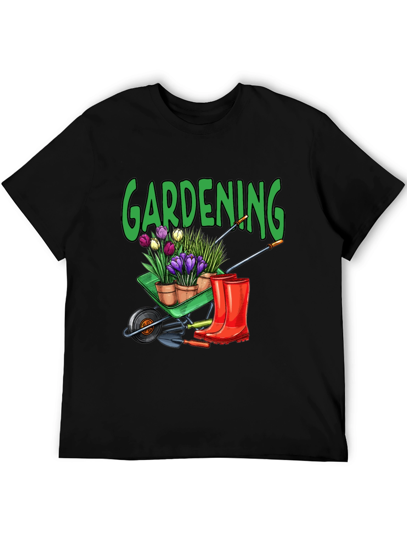 Gardening T-Shirt - Wheelbarrow Plants & Boots Design