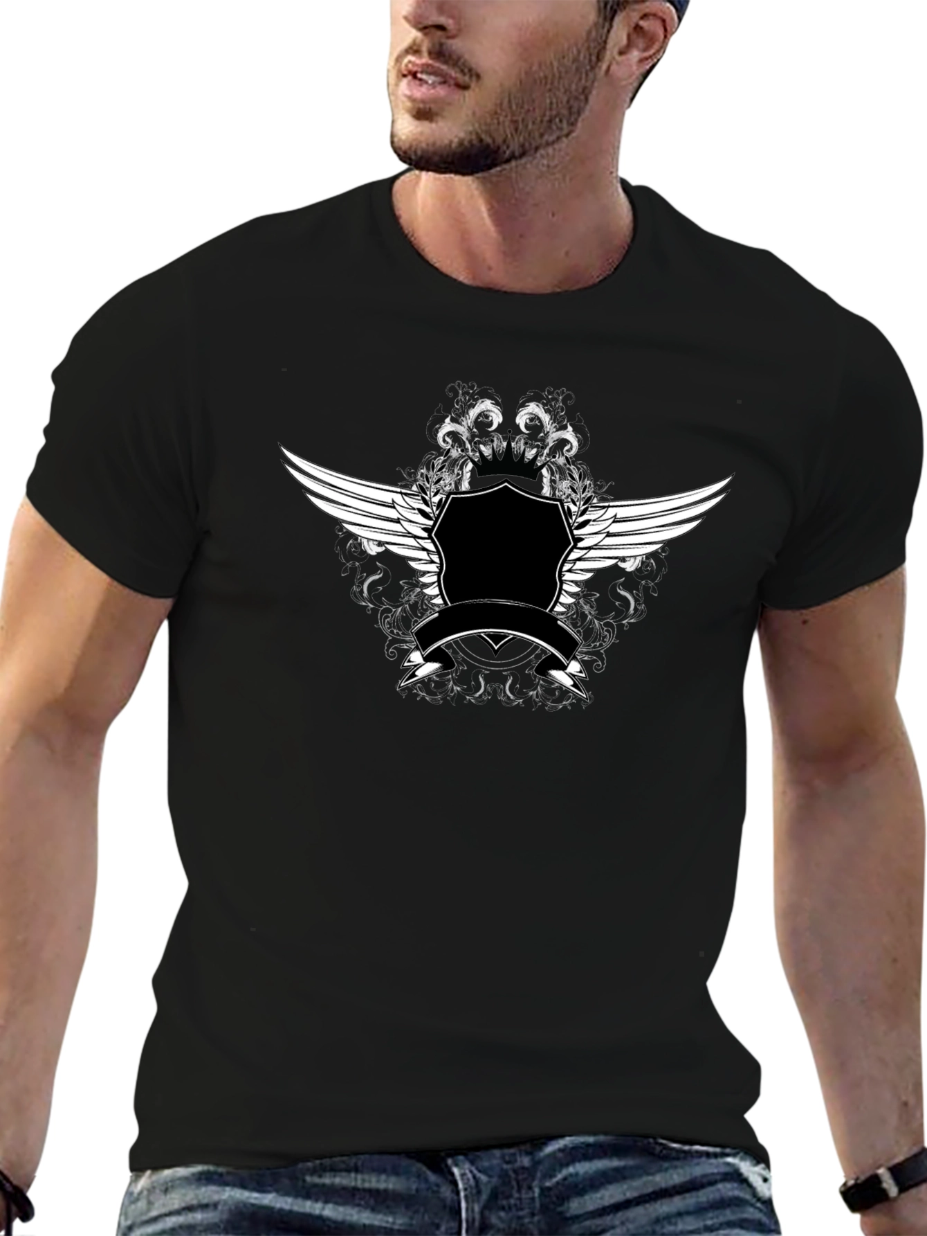 Black T-Shirt with Winged Crest Graphic