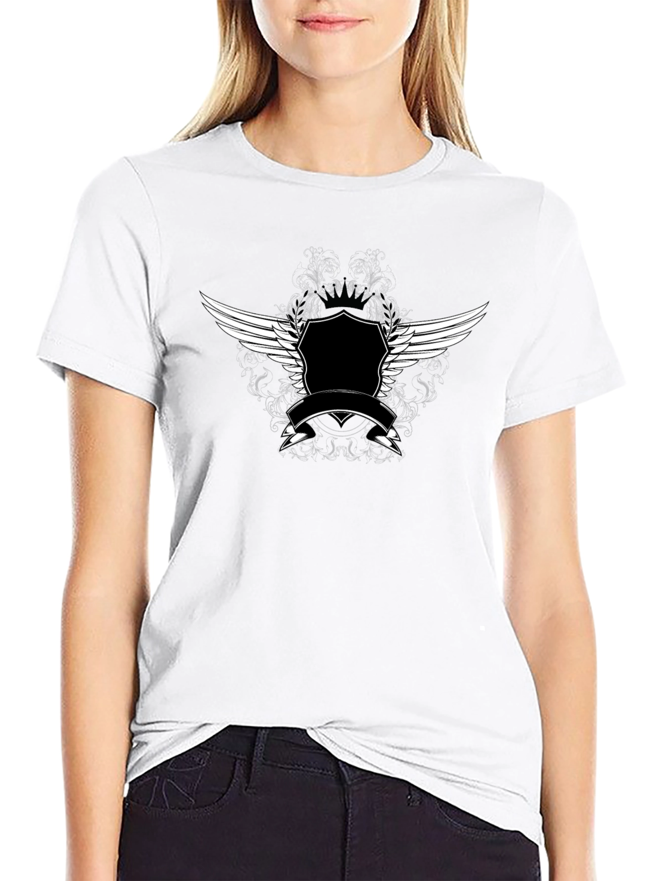 Black T-Shirt with Winged Crest Graphic