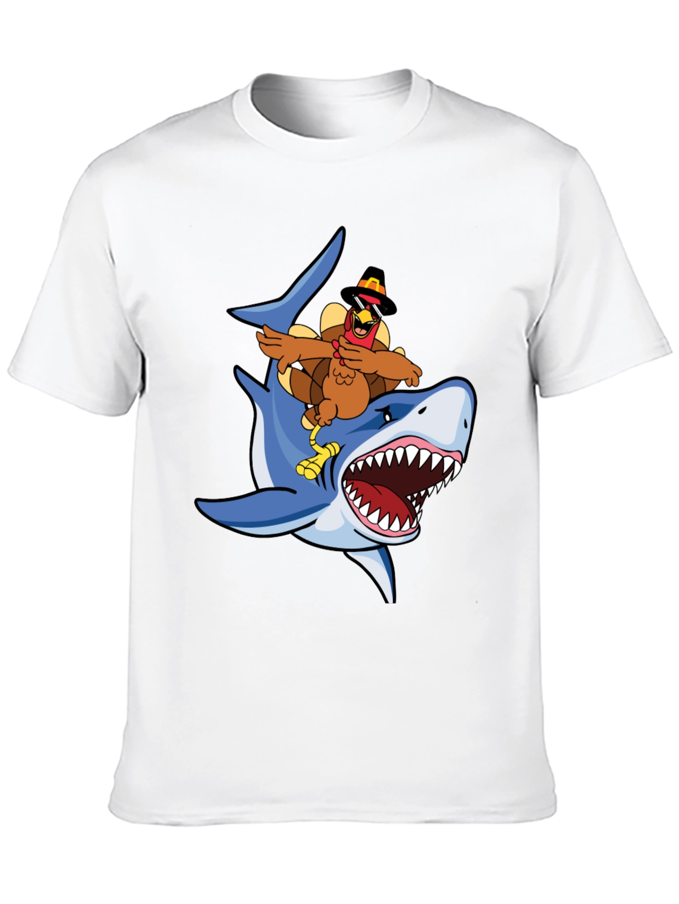 Turkey Riding Shark Graphic Tee - Black Cotton T-Shirt