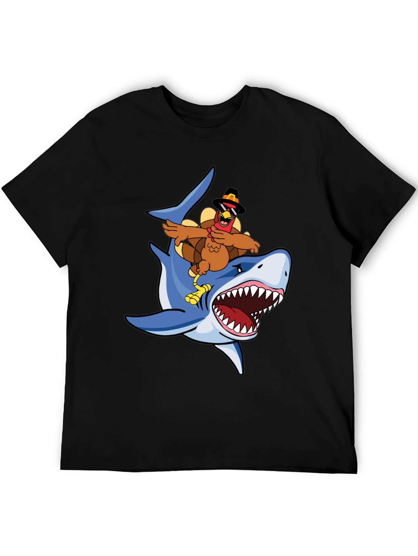 Turkey Riding Shark Graphic Tee - Black Cotton T-Shirt