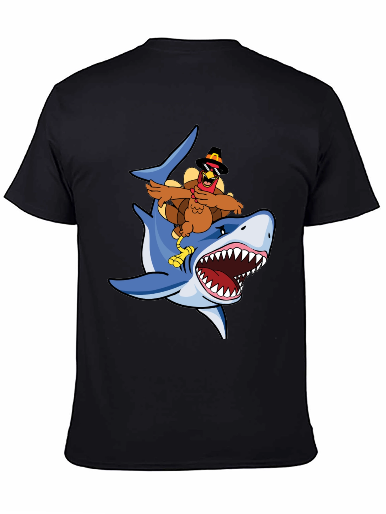 Turkey Riding Shark Graphic Tee - Black Cotton T-Shirt