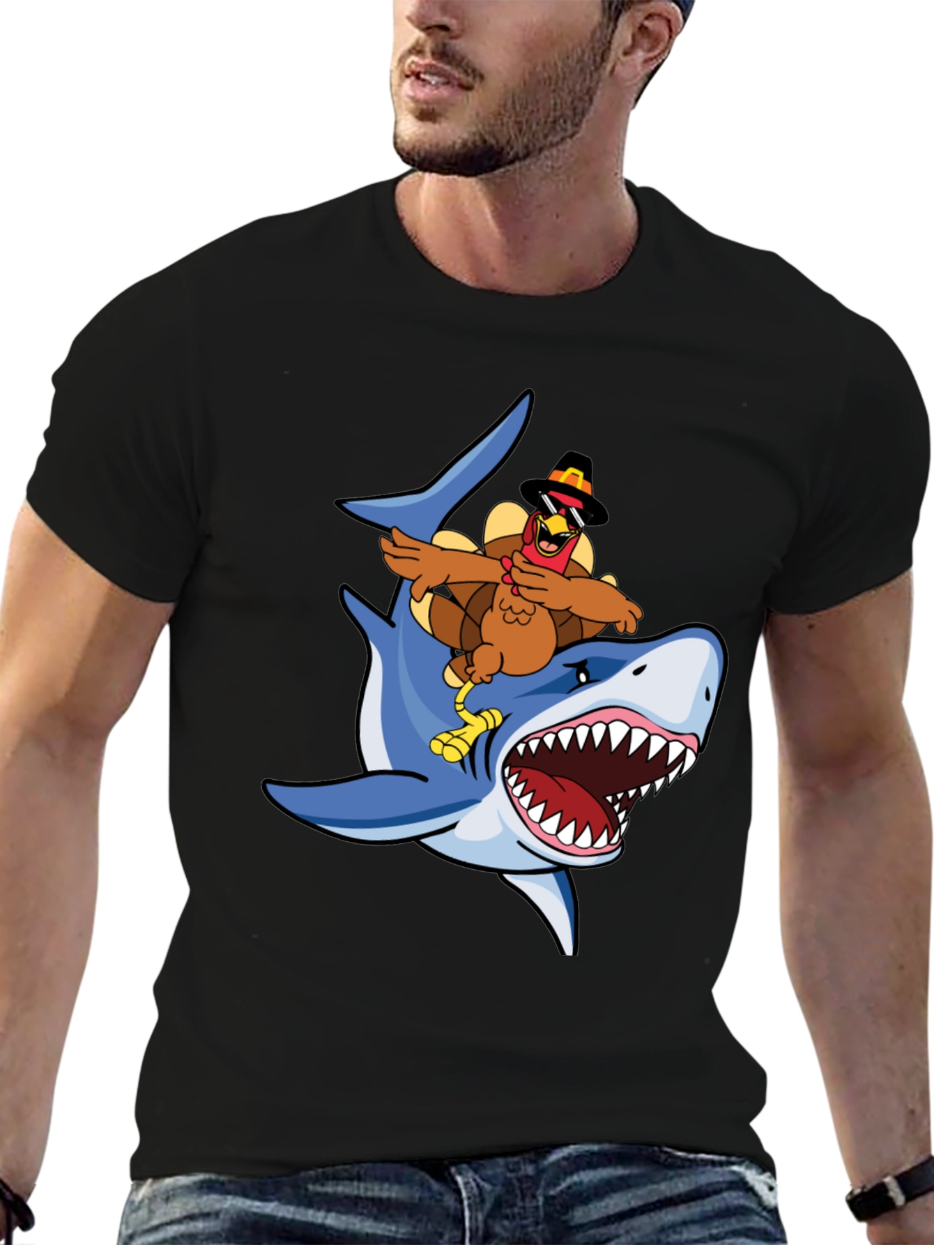 Turkey Riding Shark Graphic Tee - Black Cotton T-Shirt