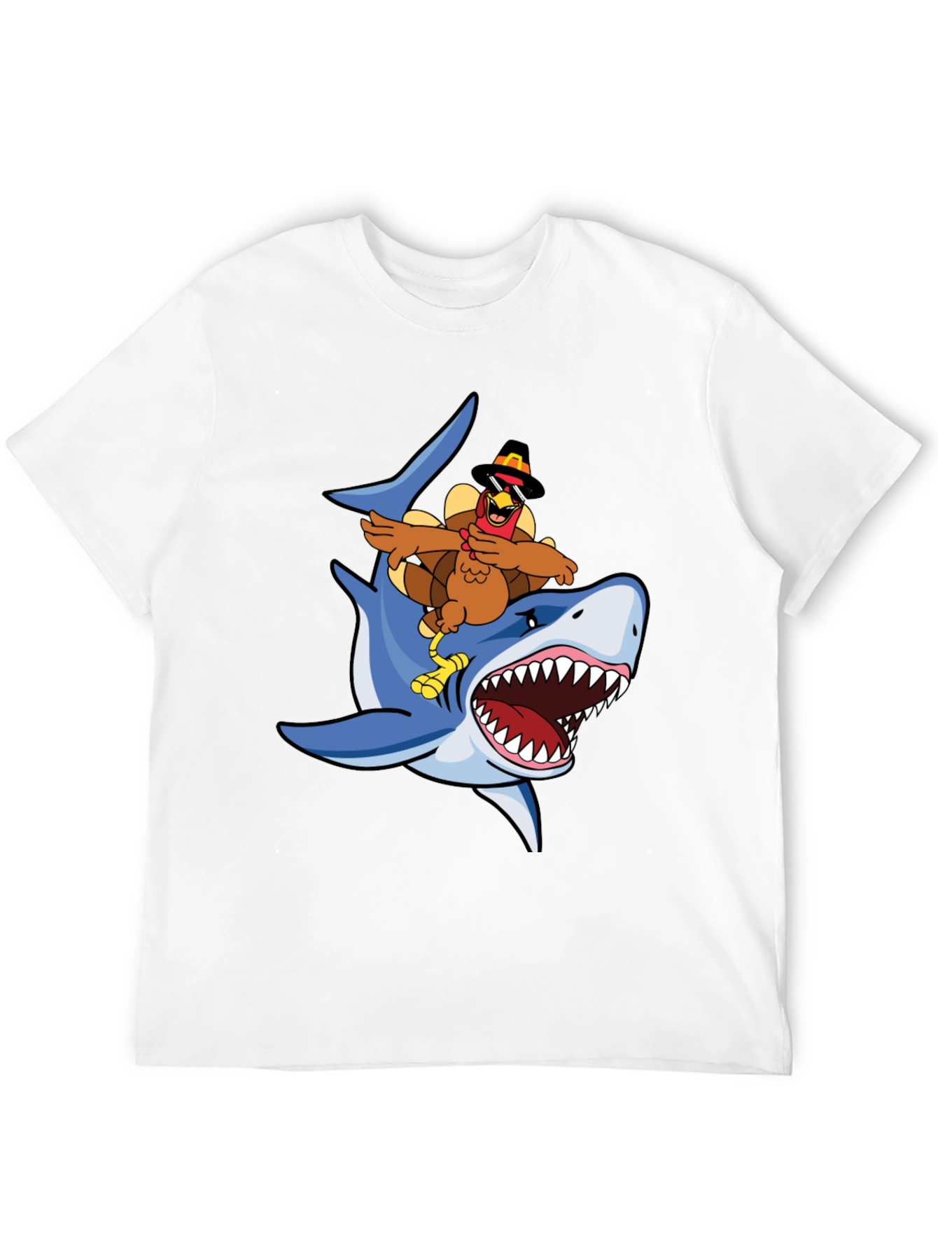 Turkey Riding Shark Graphic Tee - Black Cotton T-Shirt