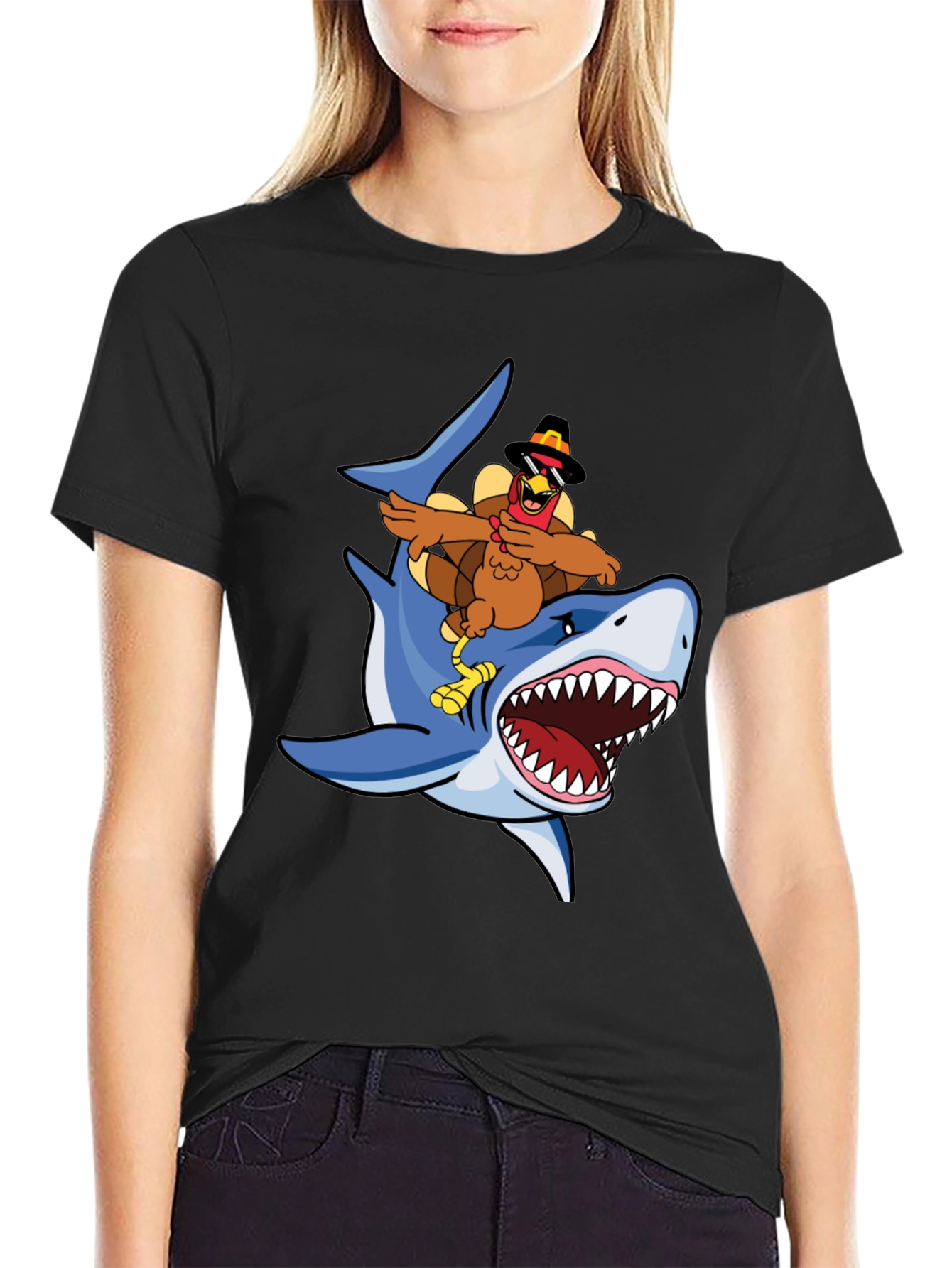 Turkey Riding Shark Graphic Tee - Black Cotton T-Shirt