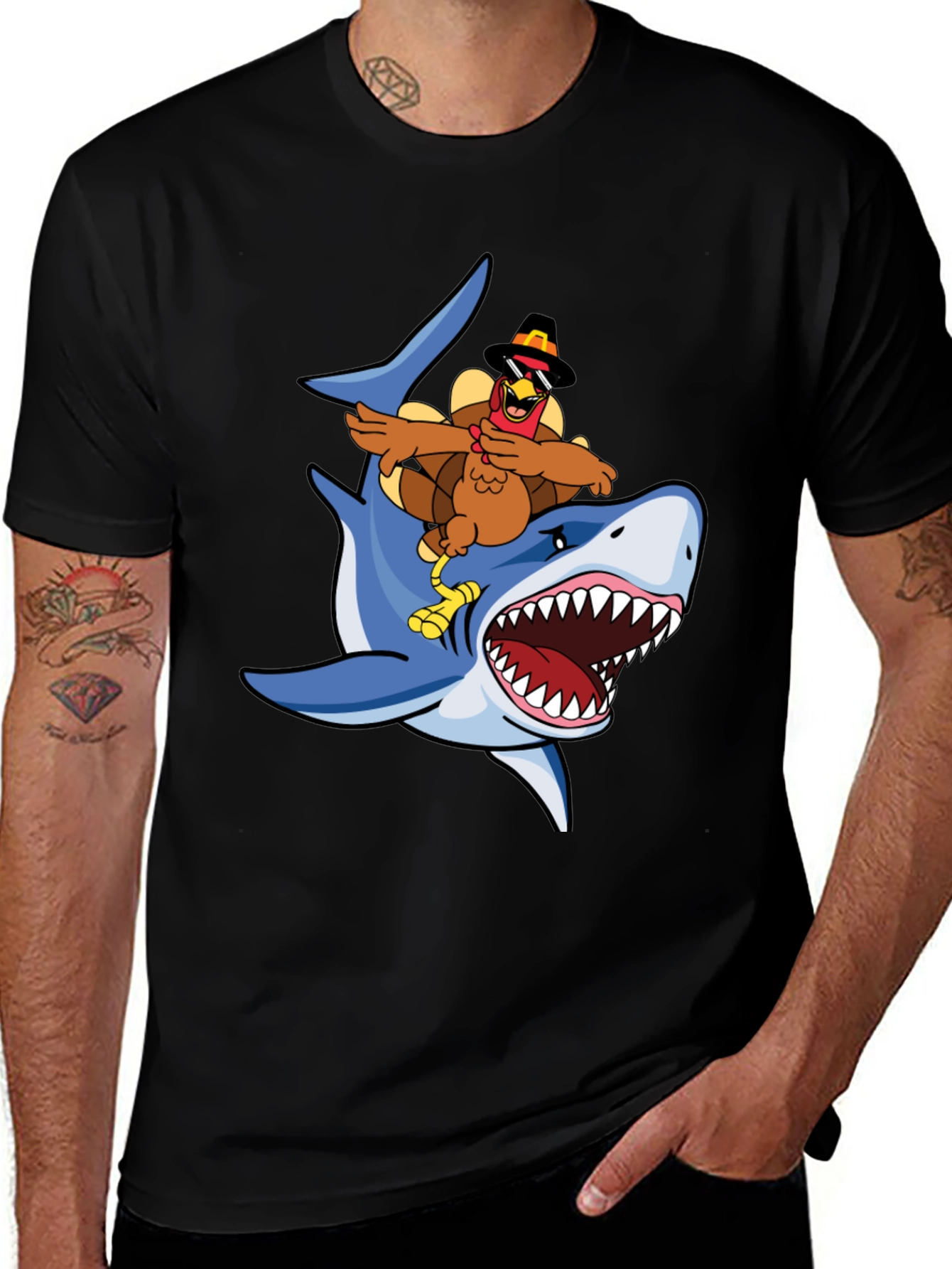 Turkey Riding Shark Graphic Tee - Black Cotton T-Shirt